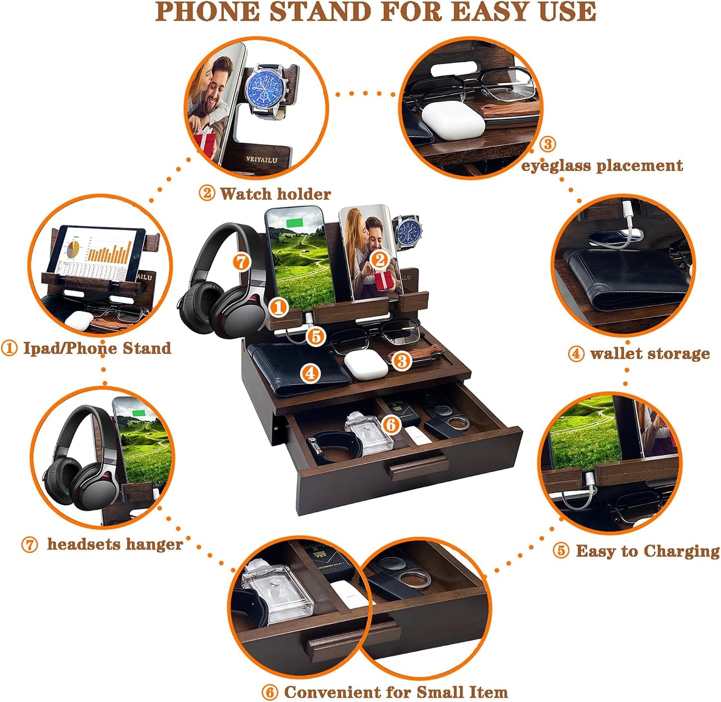 Gifts for Men Women Him Husband Son Boyfriend Birthday Nightstand Organizer Wood Phone / Deep Walnut