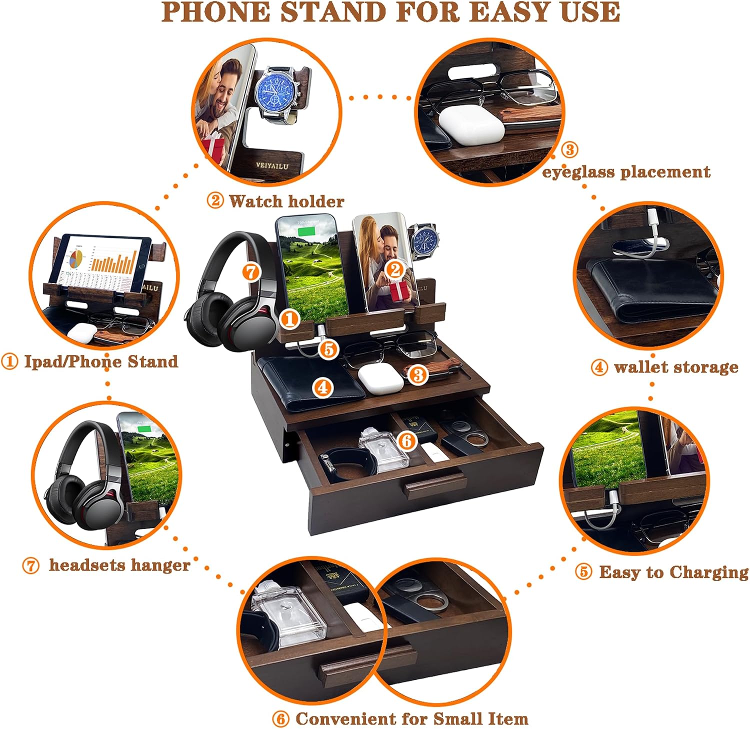 Gifts for Men Women Him Husband Son Boyfriend Birthday Nightstand Organizer Wood Phone / Deep Walnut