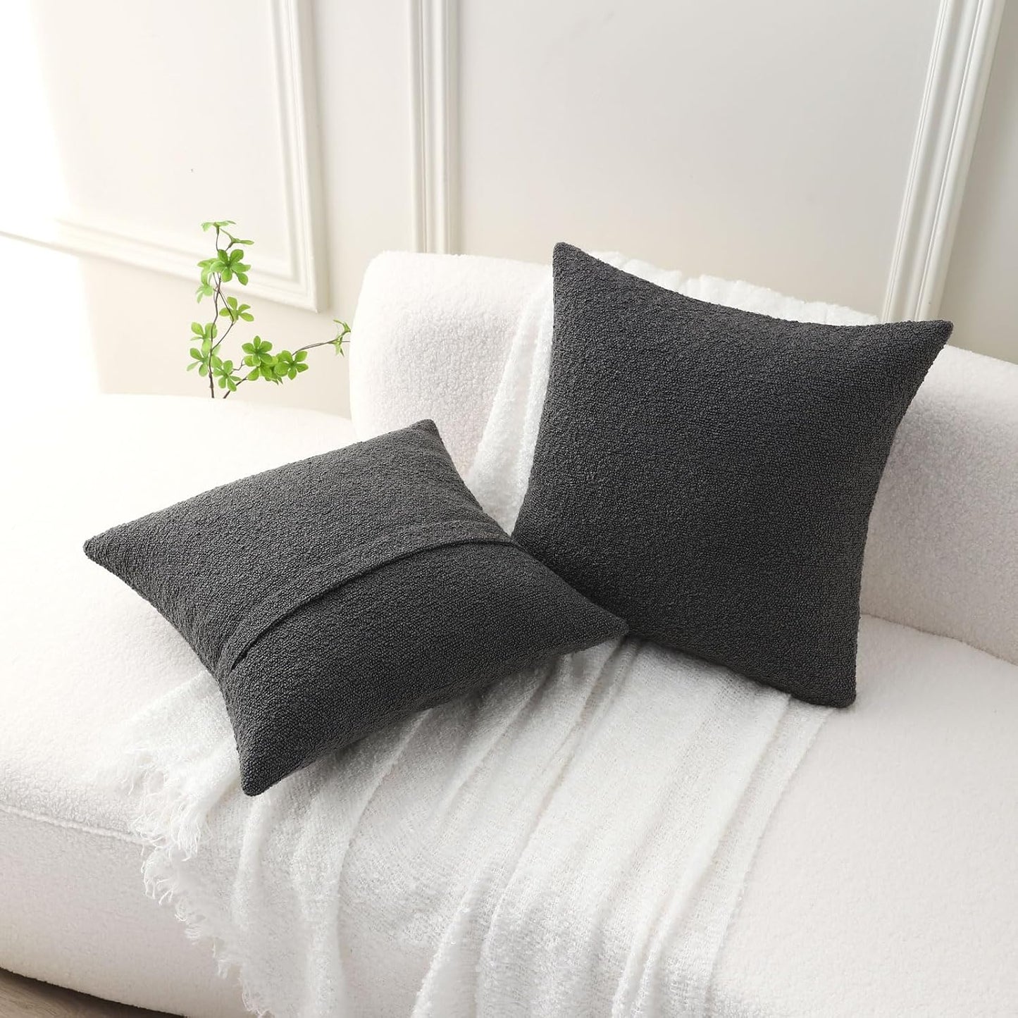 Decorative Throw Pillow Covers Soft Solid Boucle Textured Cushion / Dark Grey / 18 x 18 / Set of 2