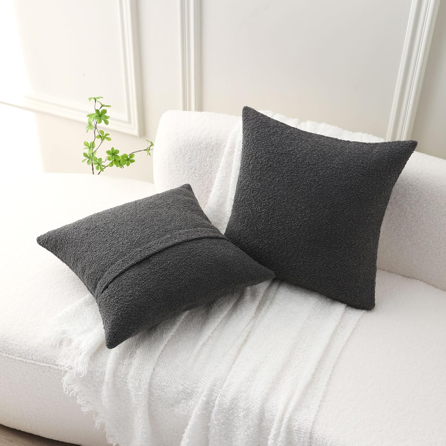 Decorative Throw Pillow Covers Soft Solid Boucle Textured Cushion / Dark Grey / 18 x 18 / Set of 2