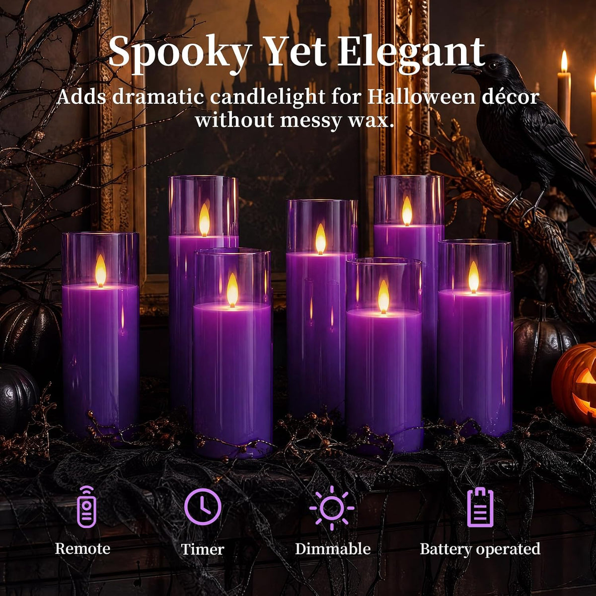 Homemory Purple Flameless LED Pillar Candles, Remote Timer, 9 Pack | Battery operated flickering LED pillar candles