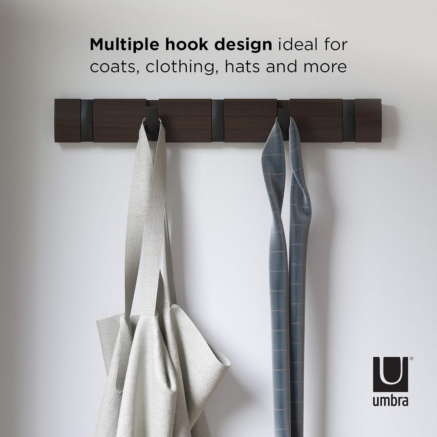 Umbra Flip Coat Rack, Wall Mounted 5-Hook Space Saving, Walnut/Black | Real wood and steel build, retractable hooks