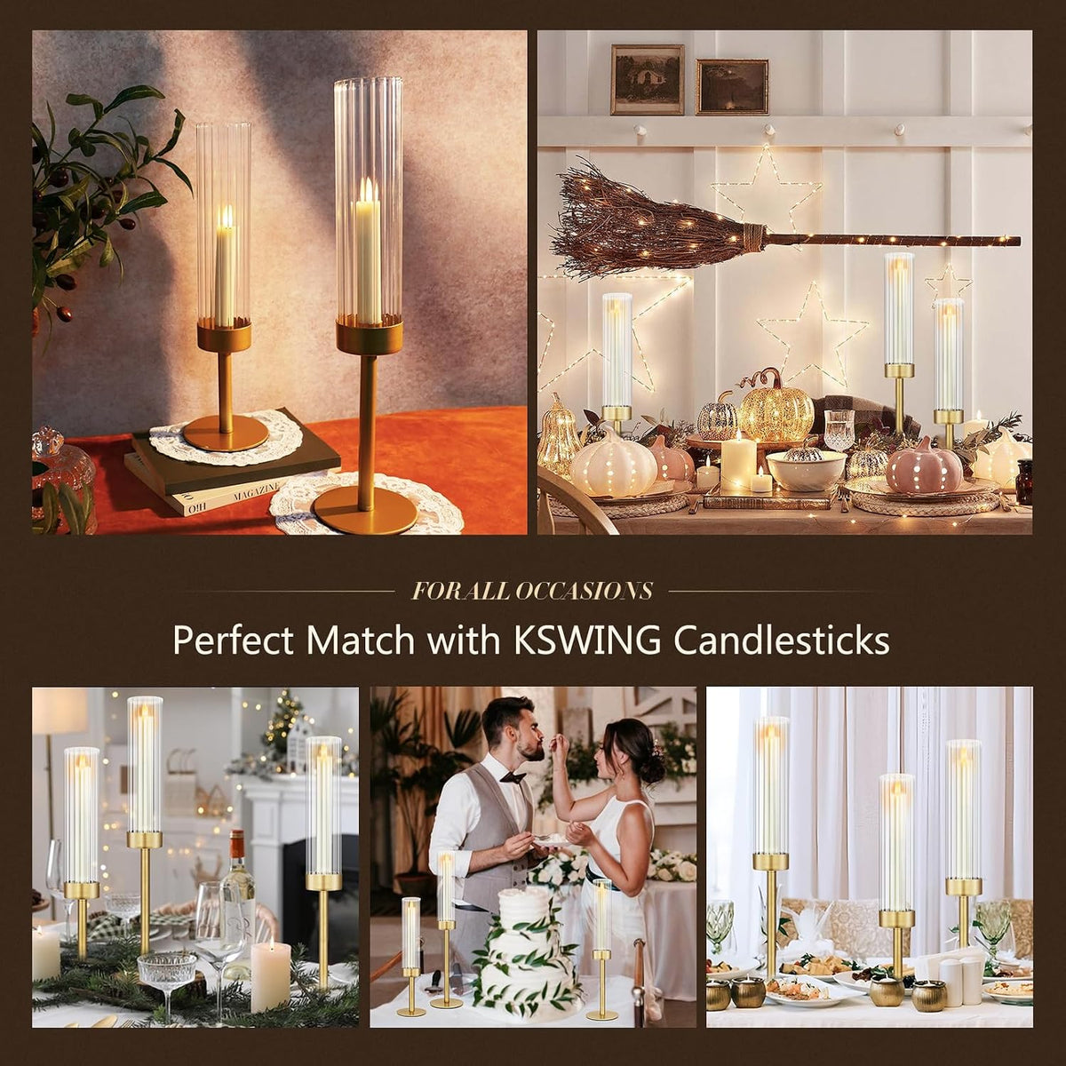 Glass Hurricane Candlestick Holders Gold, KSWING Set of 3 Taper Candle Holders Brass Tall Clear Candle Stand Holders