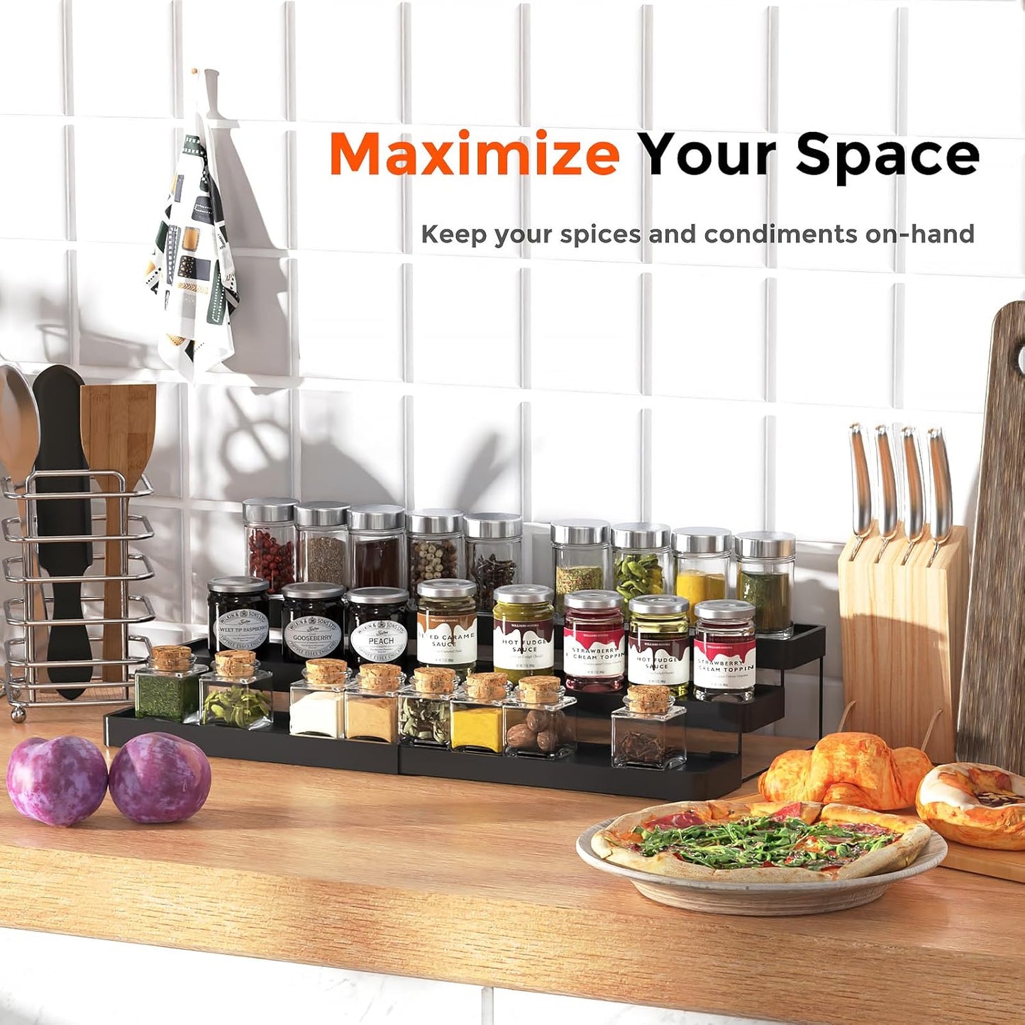 2 Pack Expandable Spice Rack Organizer for Cabinet - 3 Tier Adjustable Cabinet Spice Organizer Easy Visibility - Spice