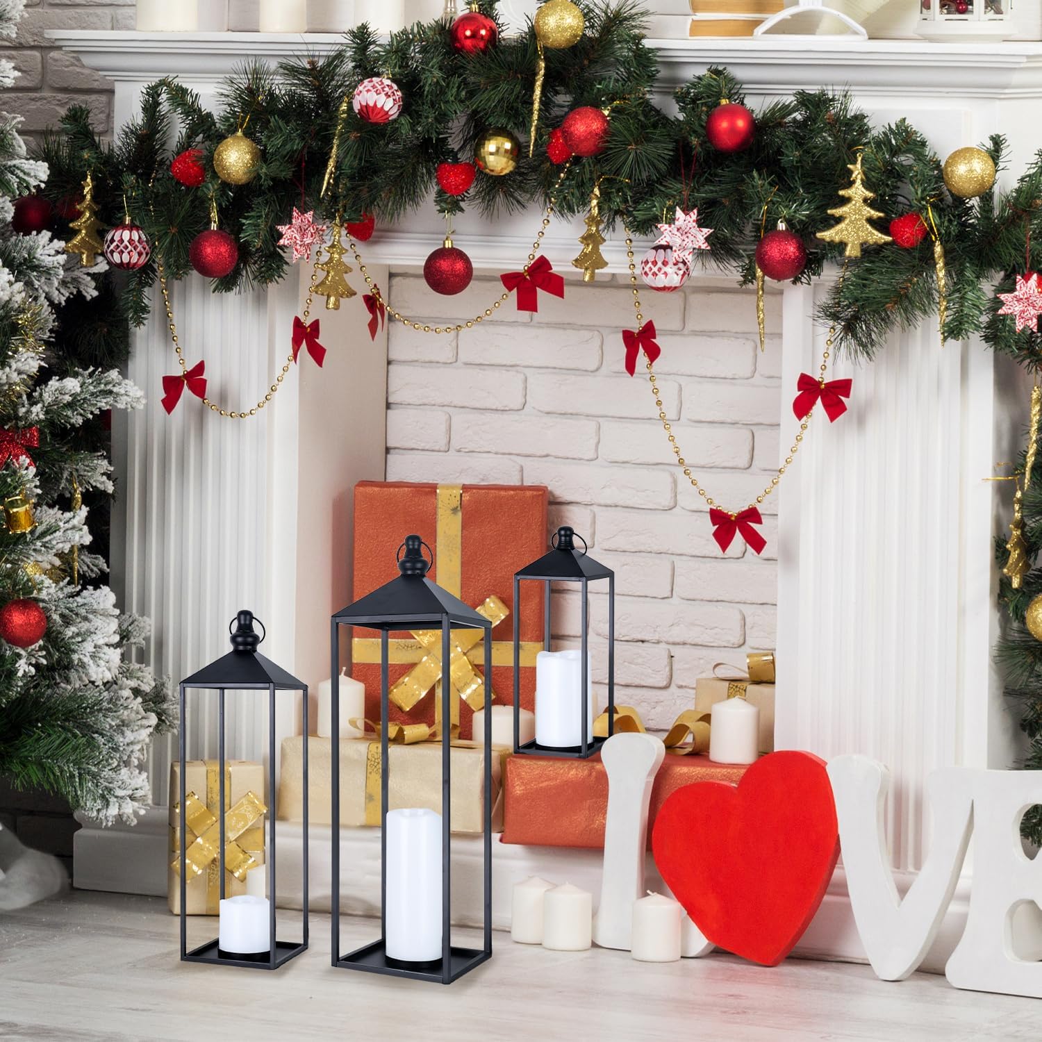 LED Lanterns Decorative Indoor&Outdoor, 23’’ 19’’ 13’’ Large Black Candle Lanterns Set with 3 Flameless Candles, Metal