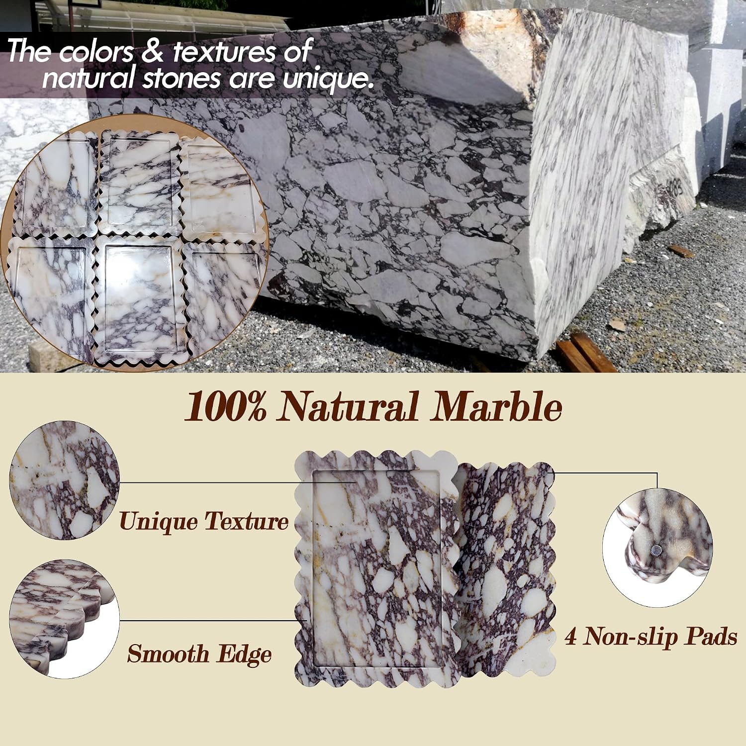 Genuine Scalloped Marble Tray / Calacatta Viola / Natural