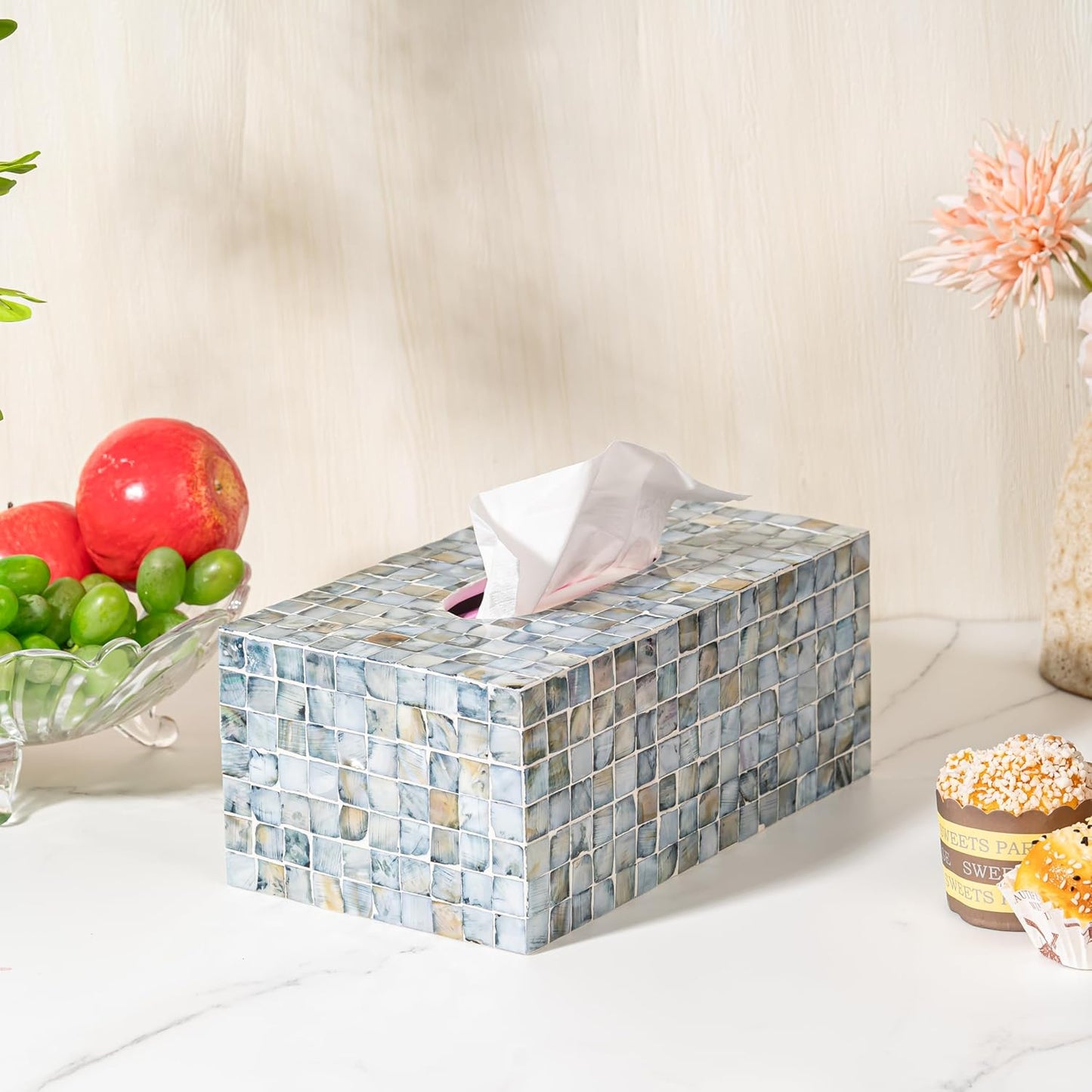 Rectangular Mother of Pearl Tissue Box Capiz Shell Handmade Rectangle Tissue Box / 10.2 x 5.9 / Blue