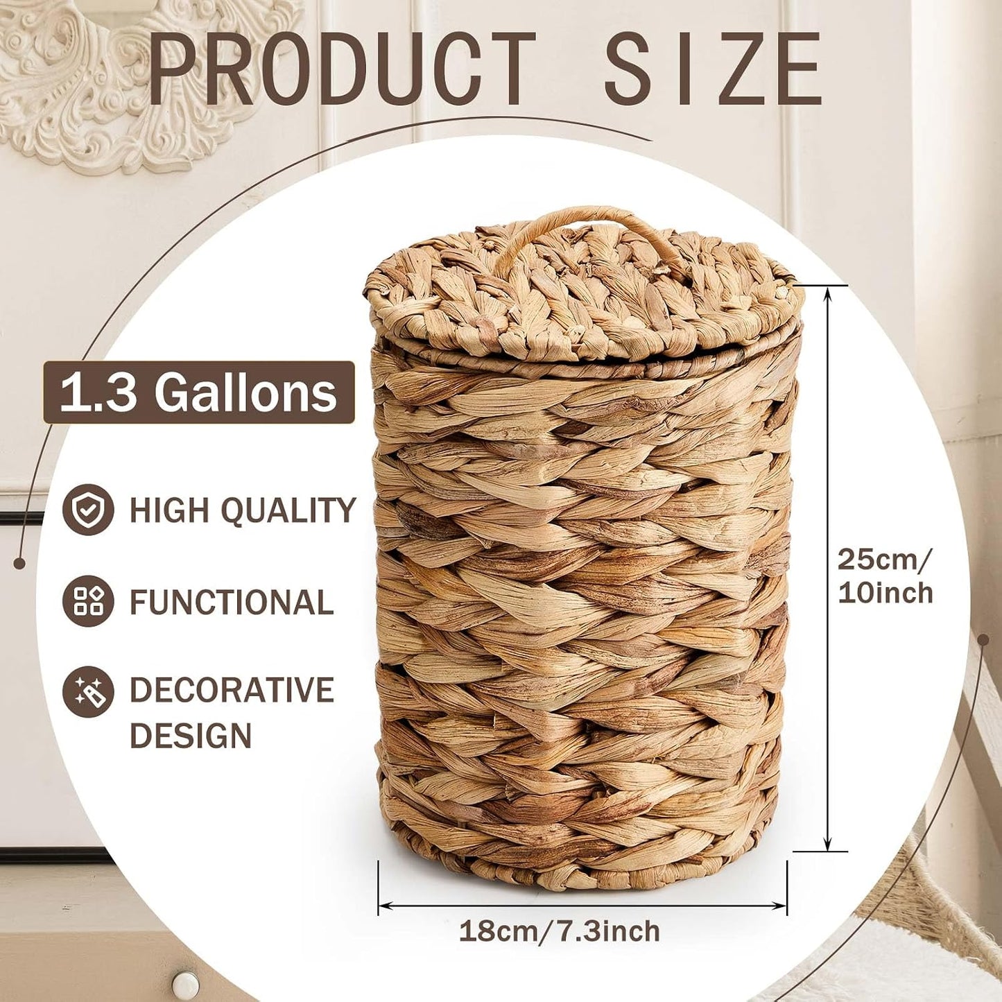 Lid Handle Boho Woven Braided Bathroom Waste Basket Trash Can / Natural / 1.3 Gallons / Round
