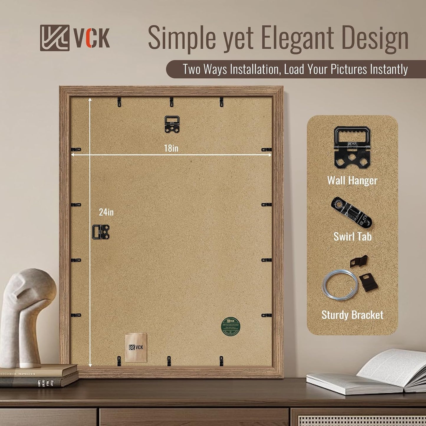 VCK 18x24 Frame Walnut 4 Pack, Wide Thick Wood Border, for Prints | Exclusive Woodgrain, Wall Hanging, HD Plexiglass