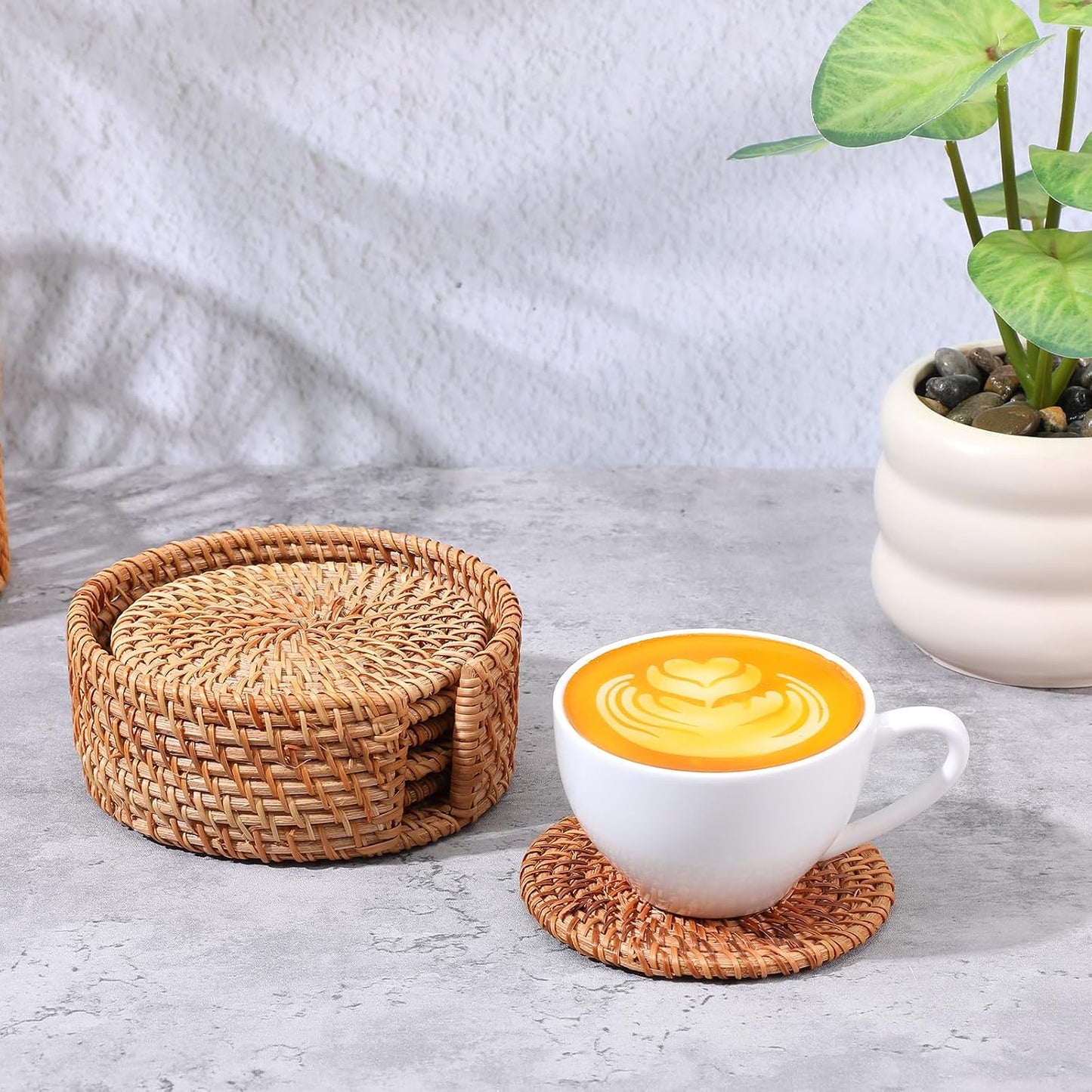 Holder / Wicker Boho Drink Coasters Set / Natural / 4 Inch / Set of 12