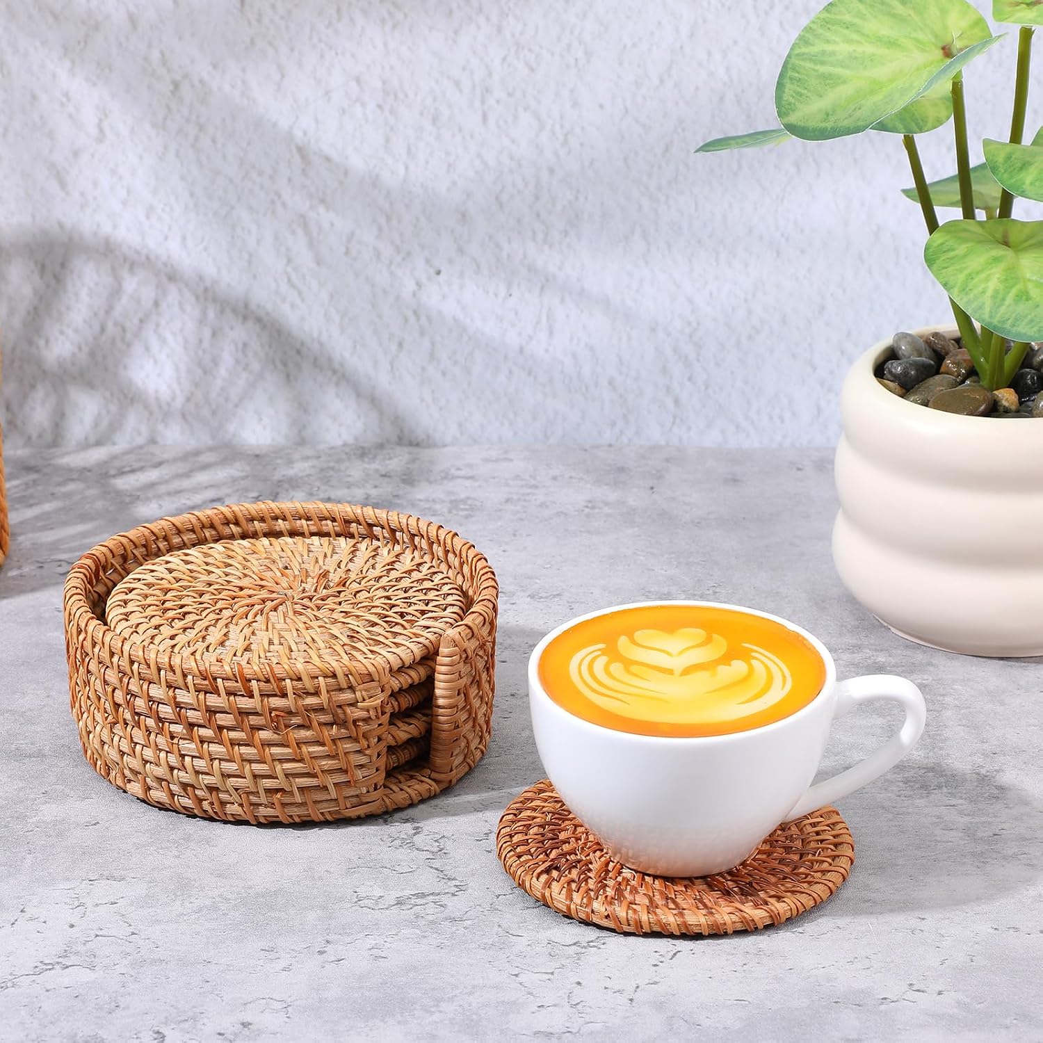 Holder / Wicker Boho Drink Coasters Set / Natural / 4 Inch / Set of 12