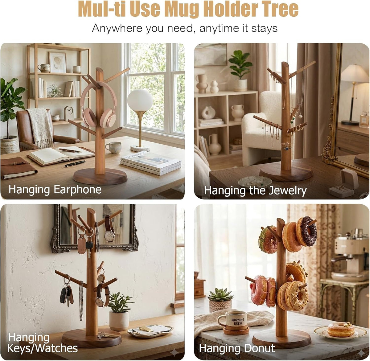 Coffee Mug Tree 6-Hook,Acacia Wood Mug Holder Countertop | Mugs Stand for Tea & Coffee Cups, Kitchen Countertop &