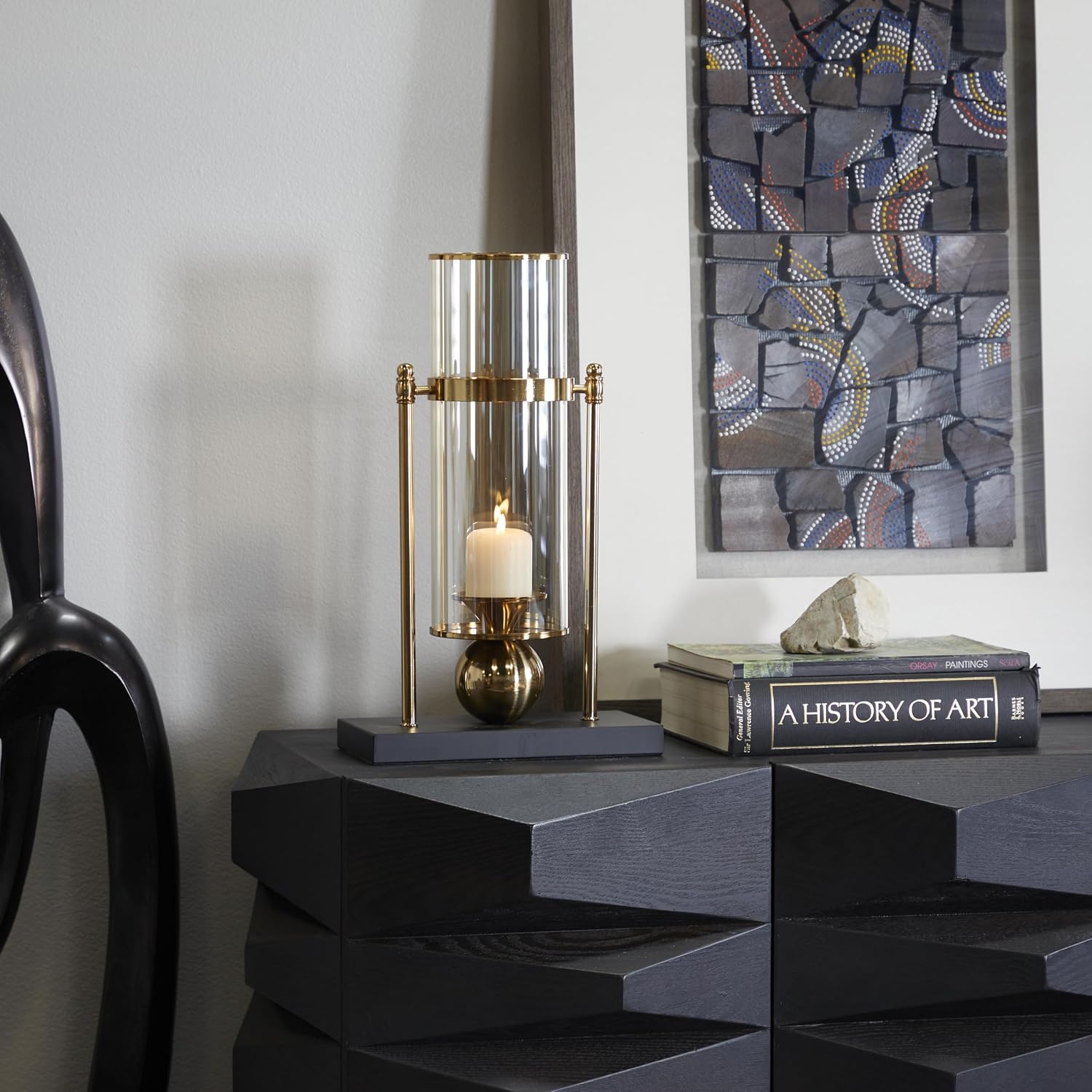 CosmoLiving by Cosmopolitan Metal Hurricane Lamp 10" x 5" x 17" | Warm table glow, candle stands with ball accent
