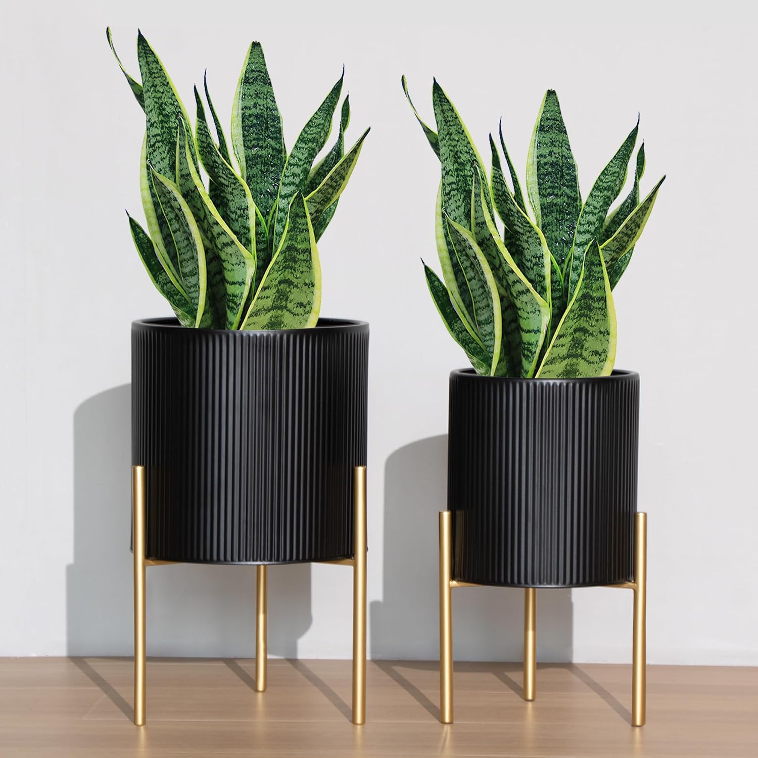 ARNIS Modern Planter Pots, Set of 2 Round Large Planters with Stand, Decorative Planters, Metal Pots with Drainage