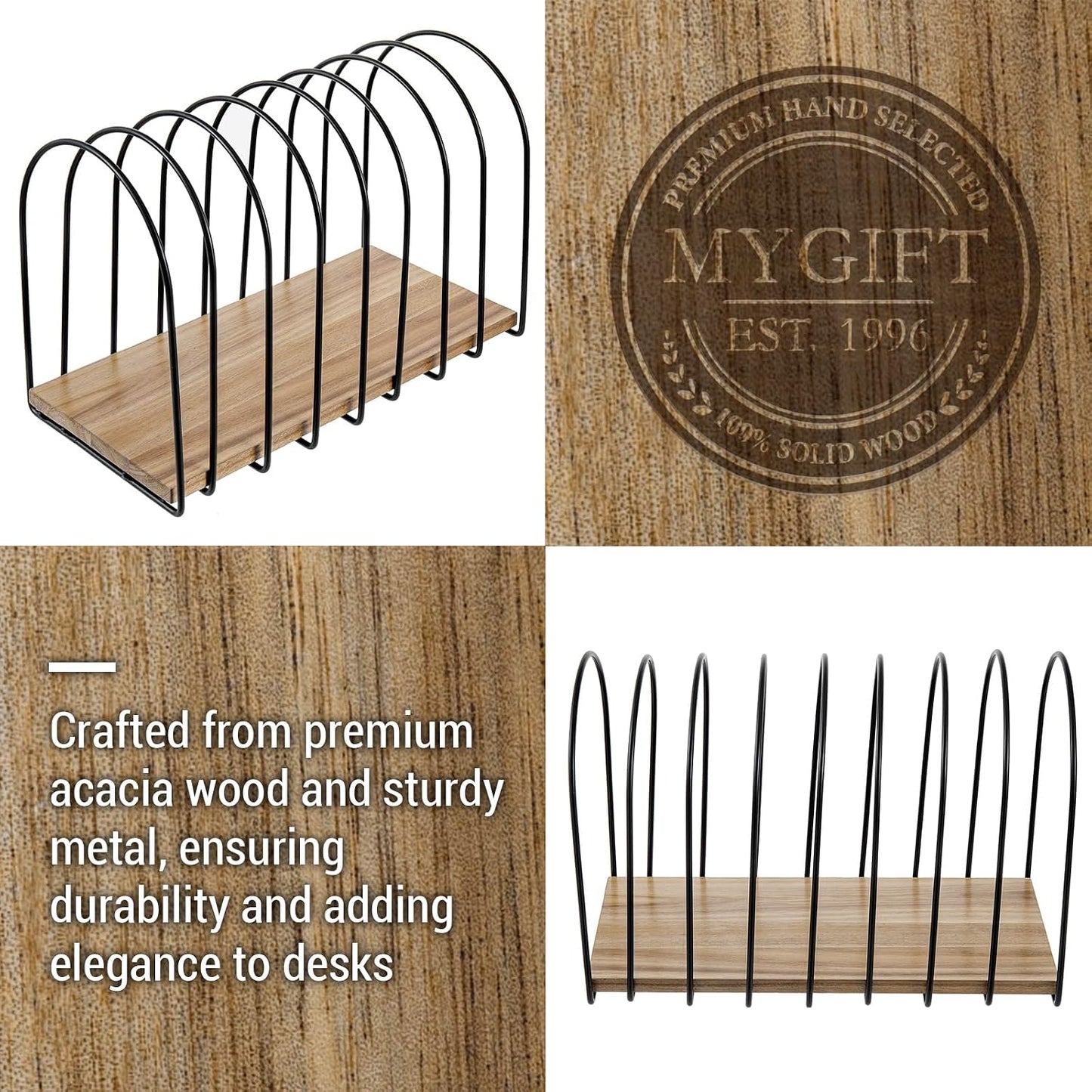 MyGift 14 Inch Large Desktop Document Holder, Premium Acacia Solid Wood and Black Metal Wire Arch 8 Section File Folder