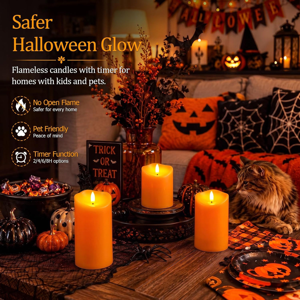 Homemory Halloween Orange Waterproof LED Candles, Remote Timer, Set of 6 | Flameless candles, D3 x H4/4/5/6/8/8 in