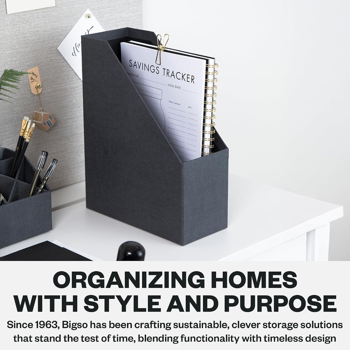 Bigso Estelle Fibreboard Magazine Holder with Leather Handle - Magazine File Holder and Organizer for Papers and