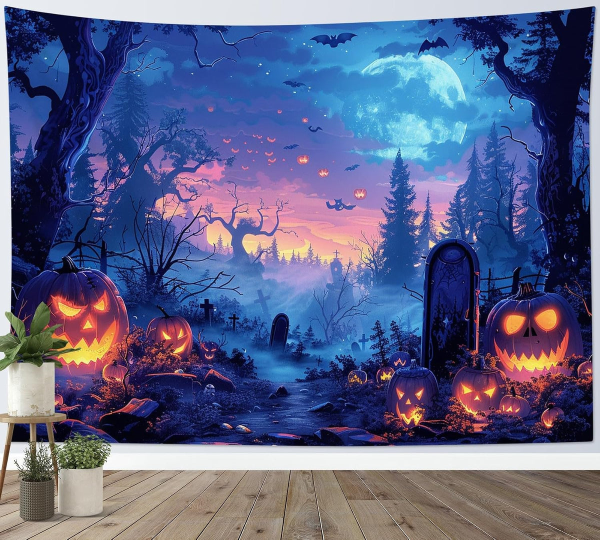 LB Spooky Halloween Tapestry Wall Hanging Horror Pumpkin by Cemetery in Forest Tapestry Scary Moon Night Tapestries for Bedroom Living Room College Dorm Wall Decor,59Wx51H inches