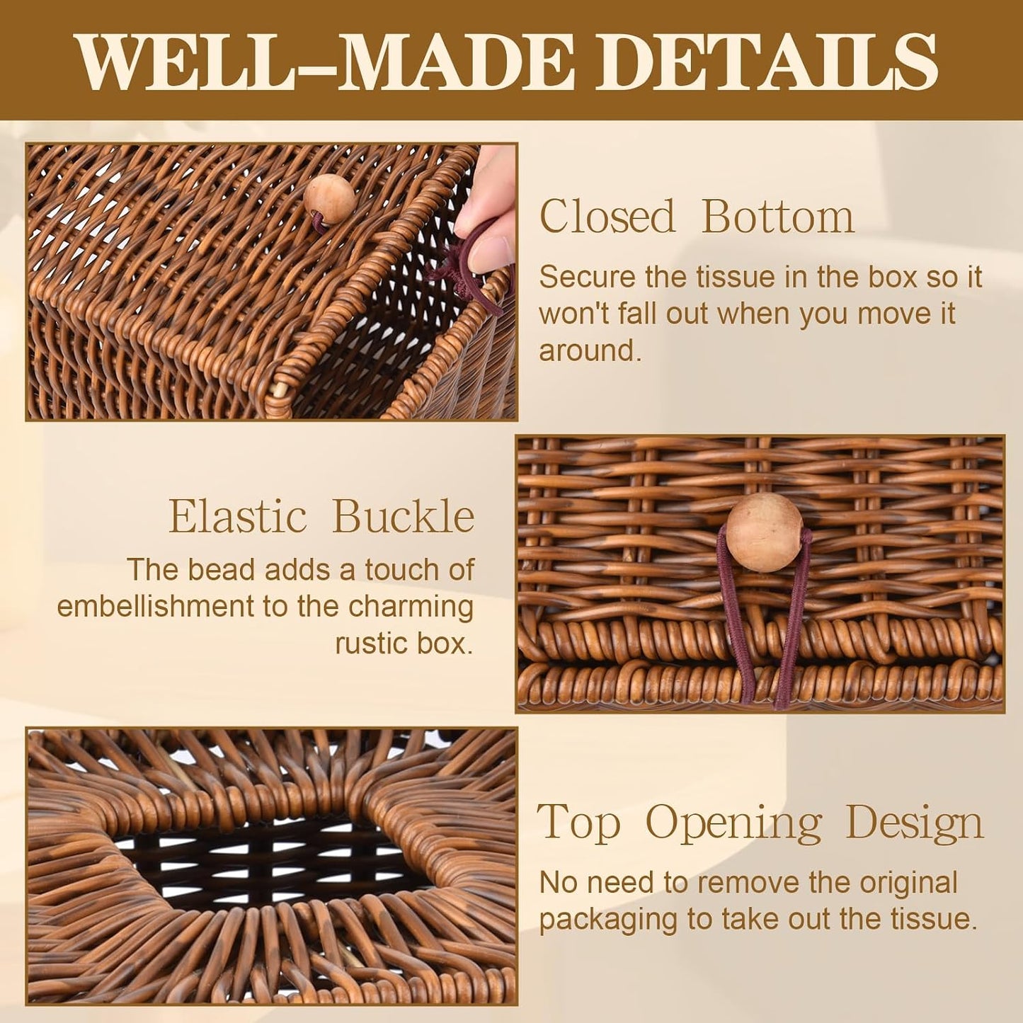 Rattan Tissue Box Cover Square Woven Decorative Rectangle Tissue Box Holder Bathroom / Natural