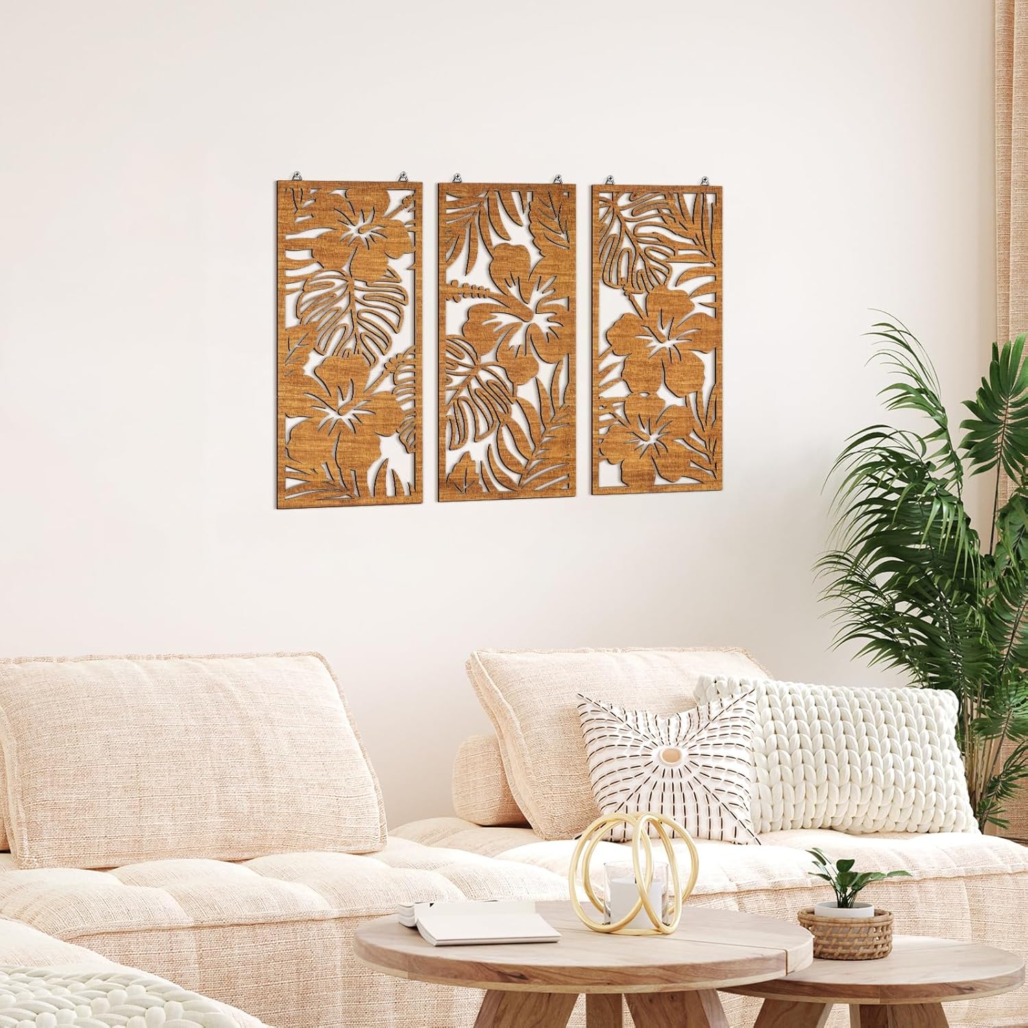 Tropical Wall Decor 3d Wooden Palm Leaf Wall Art Monstera Sculptures Wood / Classic / Set of 3