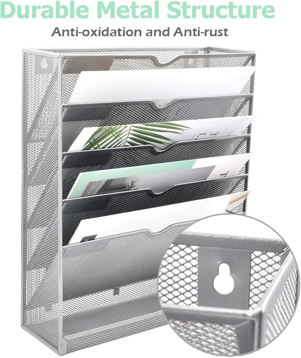 Mesh Wall File Organizer 6 Tier Vertical Mount Hanging Holder Magazine Rack with Bottom Flat Tray, Sides Closed, Silver