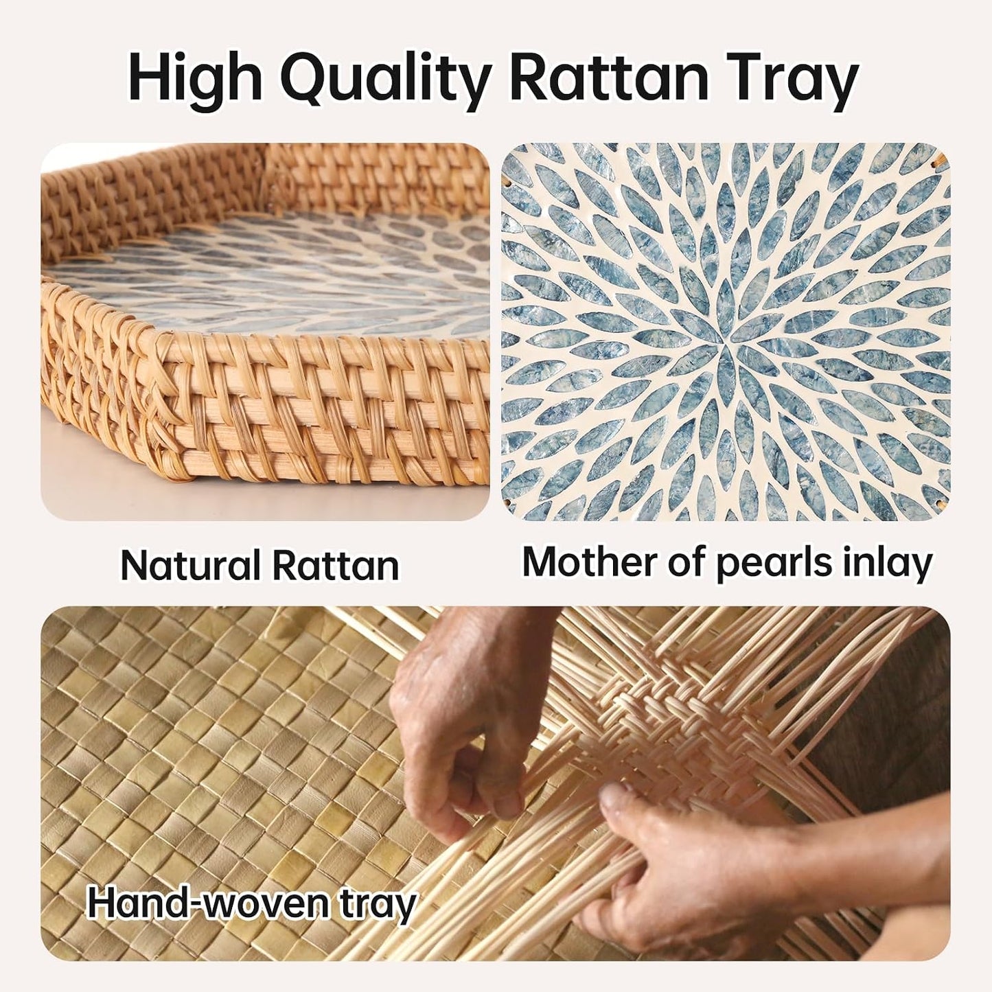 Hexagon Rattan Tray / Light Blue Leaves