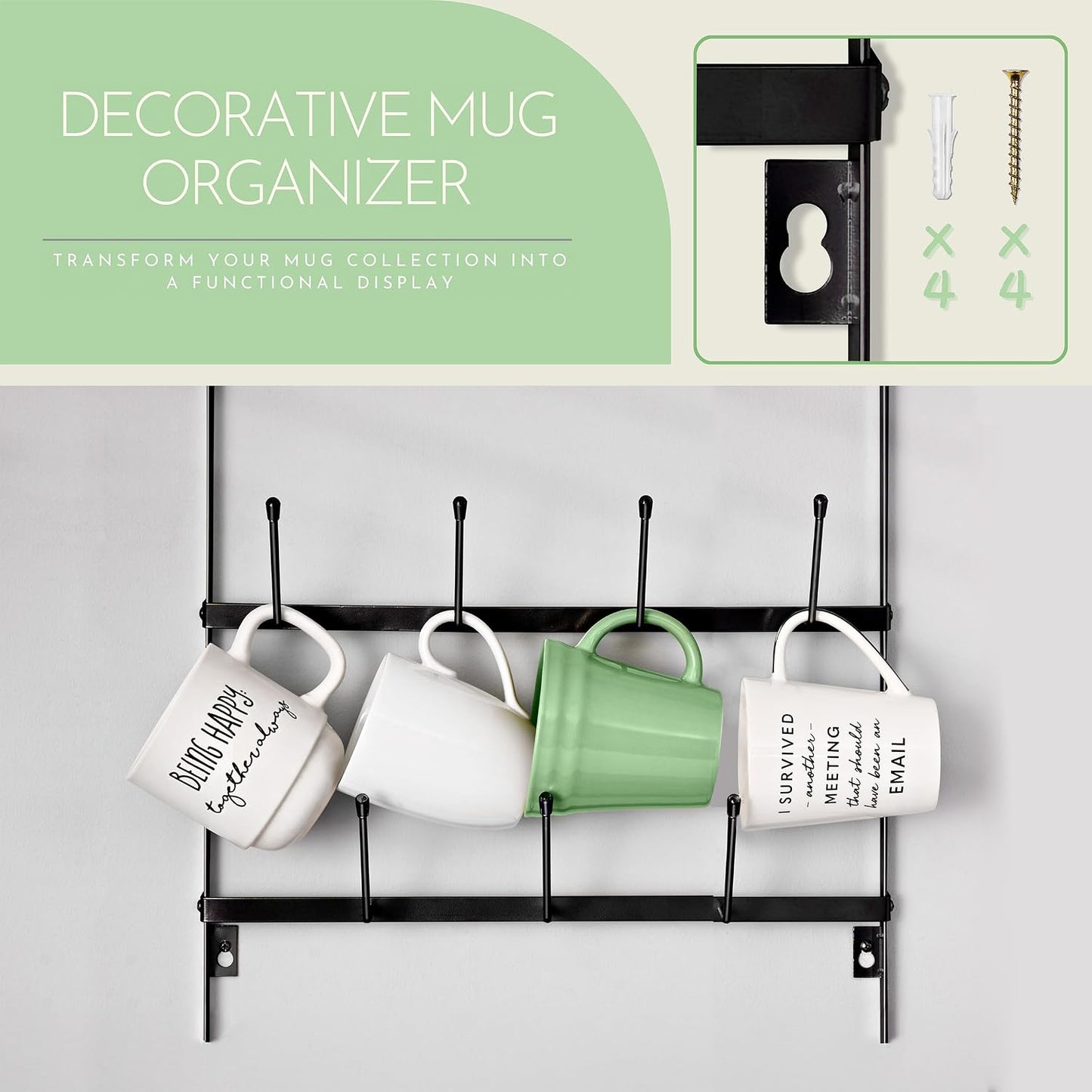 Sorbus Wall Mug Rack, Coffee Mug Display for Coffee Station (Small, Black) | Rustic six-tier metal holder with hooks