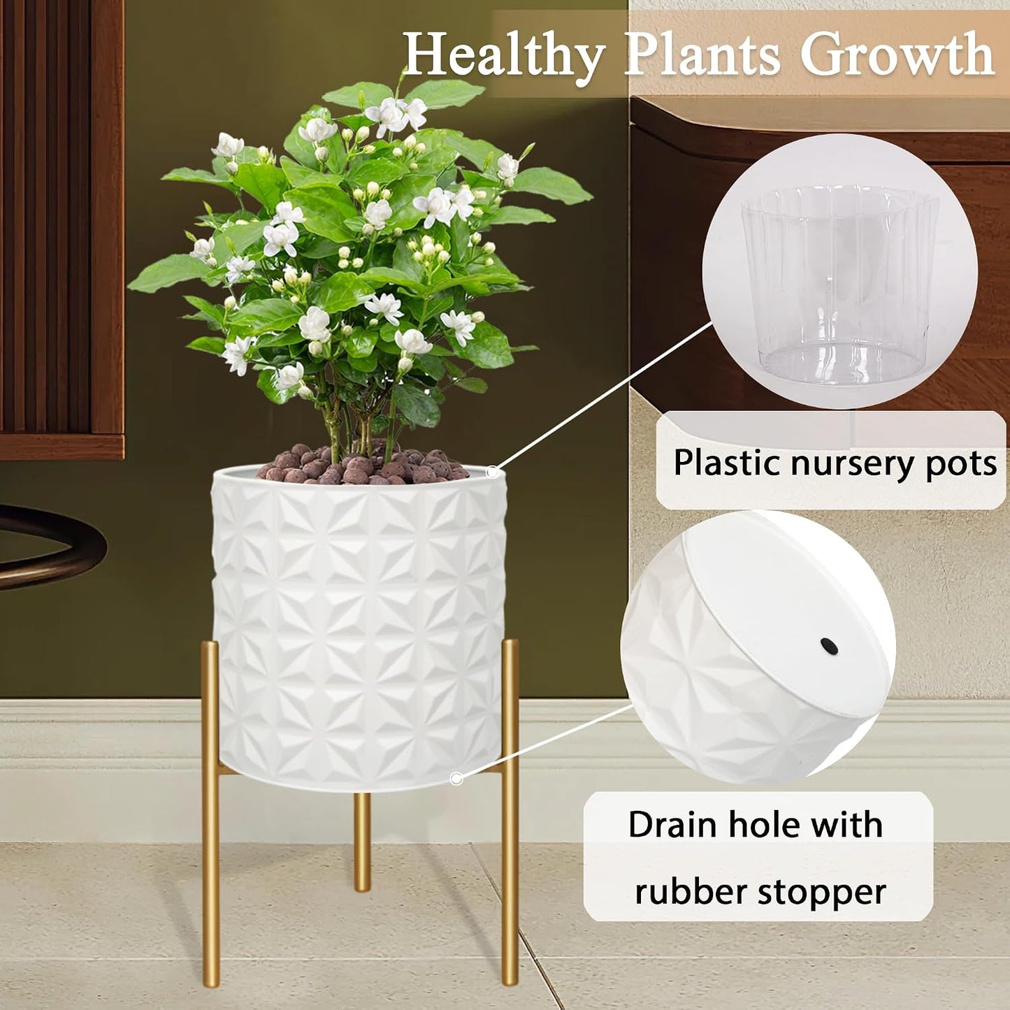 ARNIS Modern Planter Pots, Set of 2 Large Planters with Stand, Decorative Planters, Metal Pots with Drainage Holes for