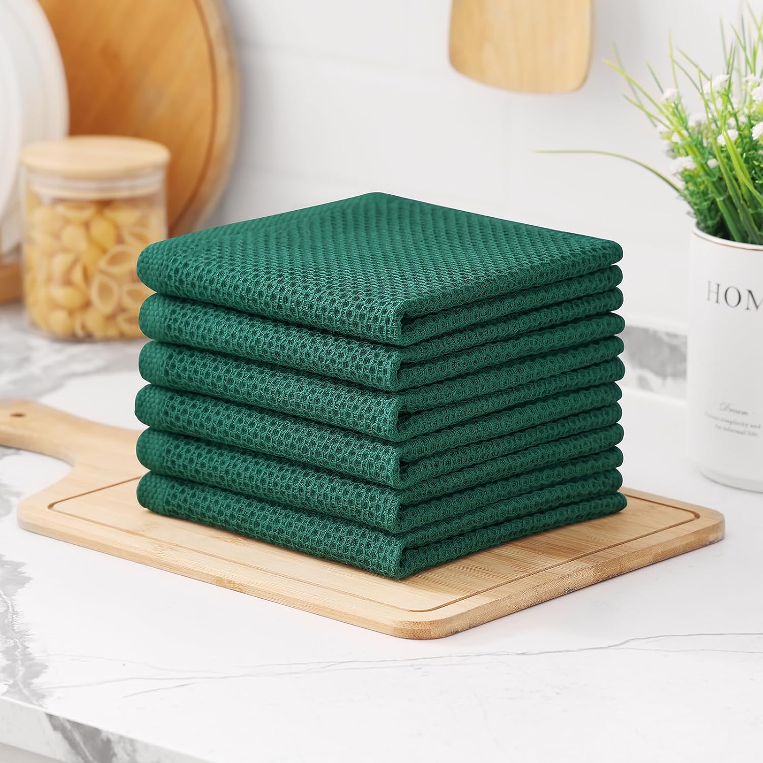 Kitinjoy 100% Cotton Waffle 8-Pack Kitchen Towels, 12" x 12", Dark Green | Ultra Absorbent, Super Soft, lightweight