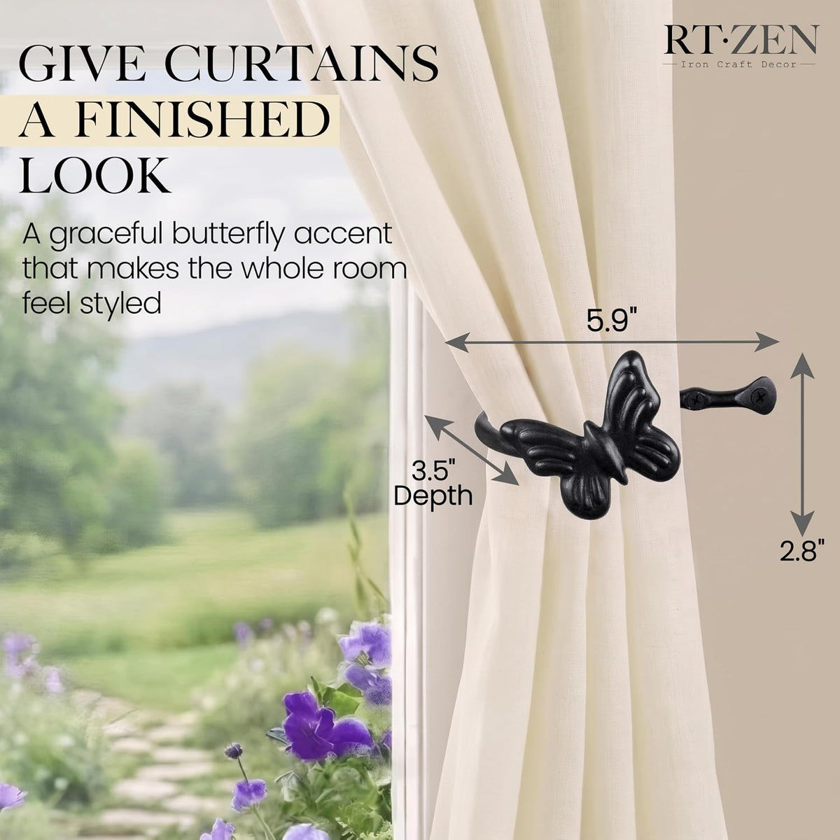Metal Curtain Tiebacks, Drapery Holders for Wall, 2 Pcs | Farmhouse Wrought Iron Curtain Holdbacks, Ornamental Window