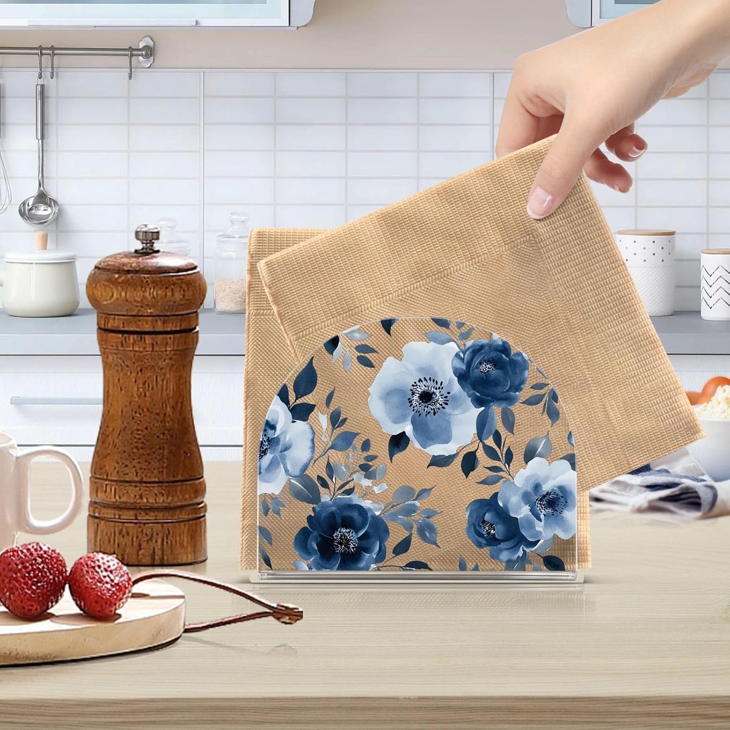 Watercolor Gray Peony Flowers Napkin Holder / Blue Floral