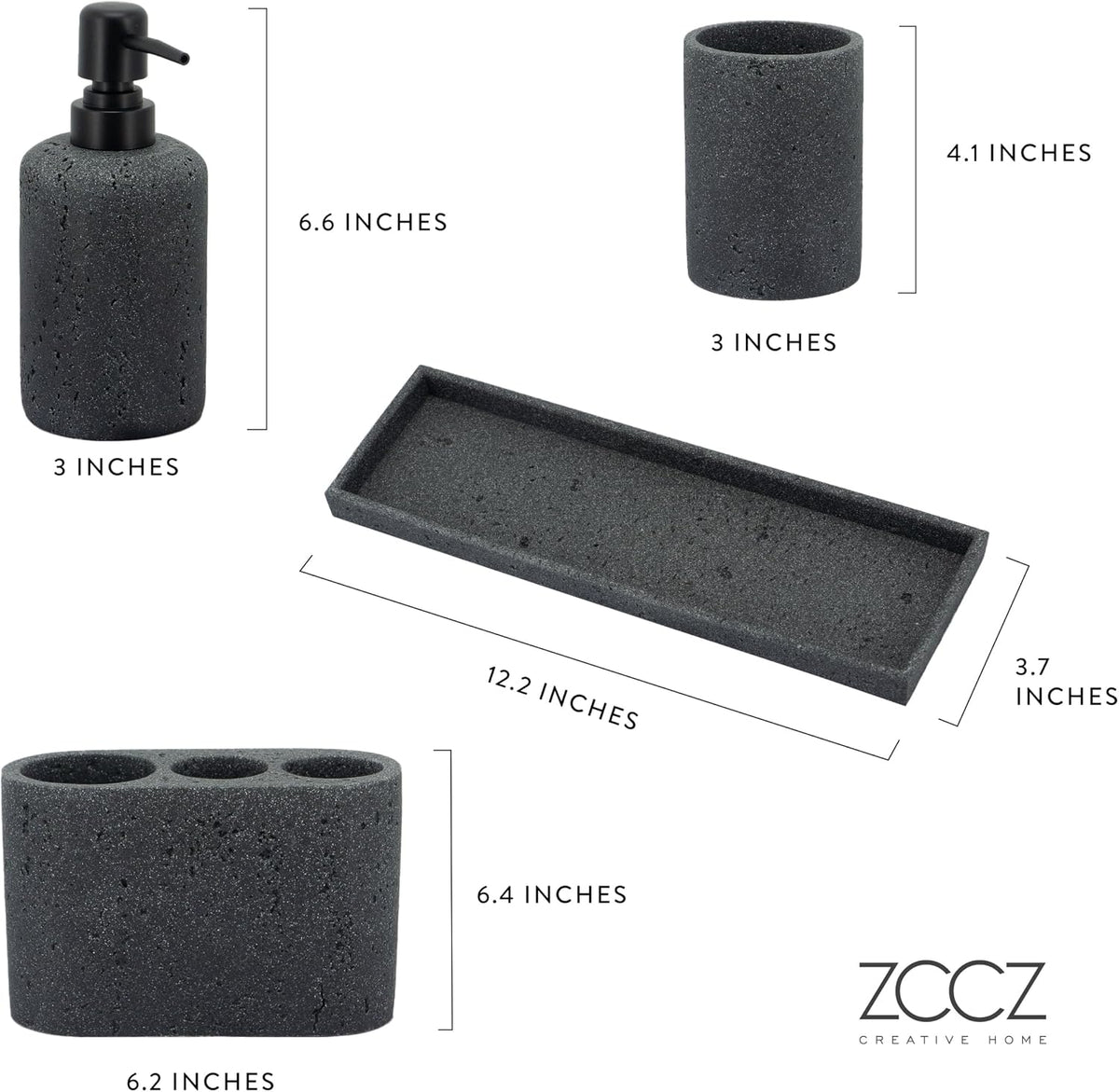Black Bathroom Accessories Set 4 Pcs - Toothbrush Holder, Soap Dispenser, Vanity Tray, Bathroom Tumbler - Countertop