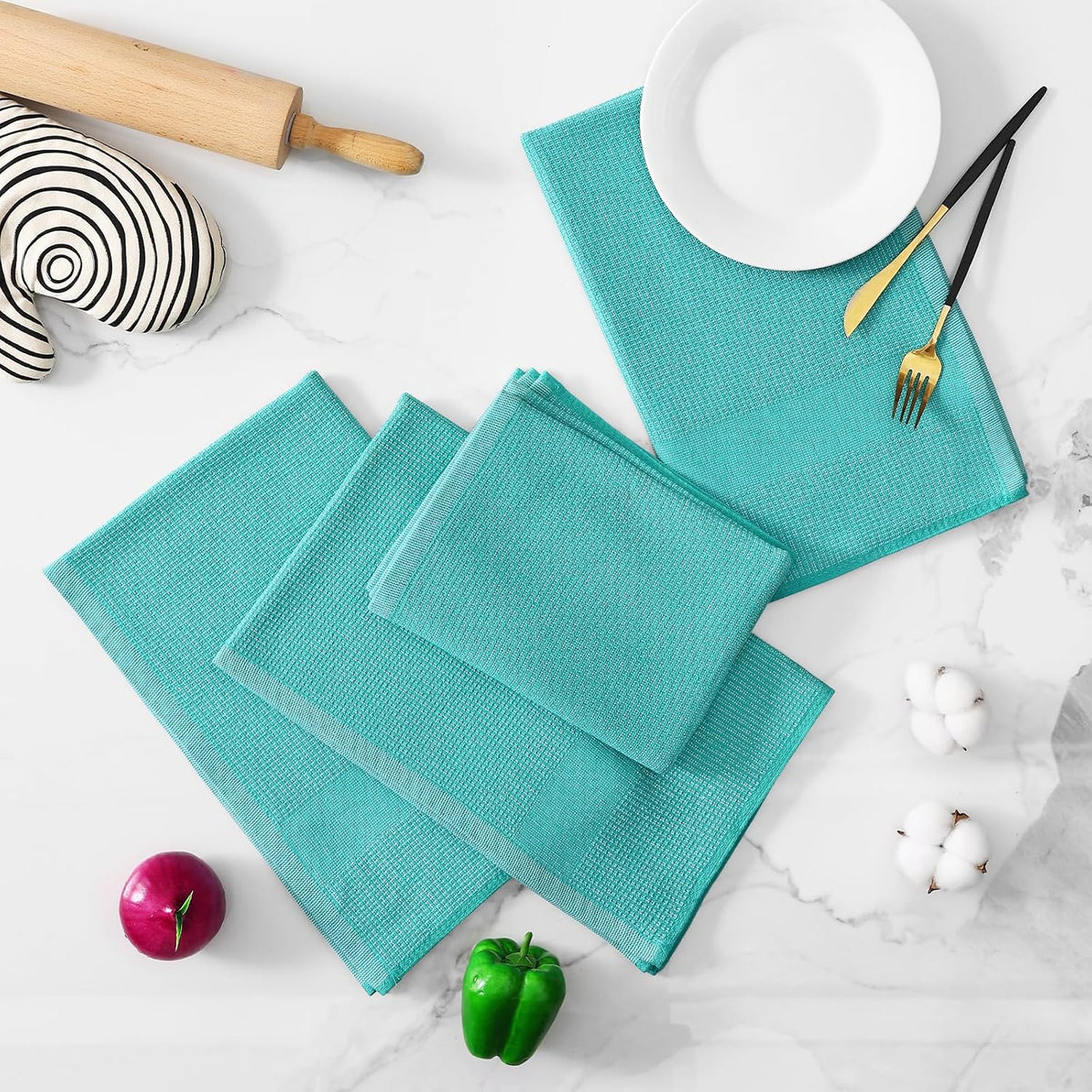 Homaxy 380 GSM Cotton Premium Kitchen Towels 8 Pack, 18"x 28", Teal | Flat and Terry Dish Towels, Highly Absorbent Tea