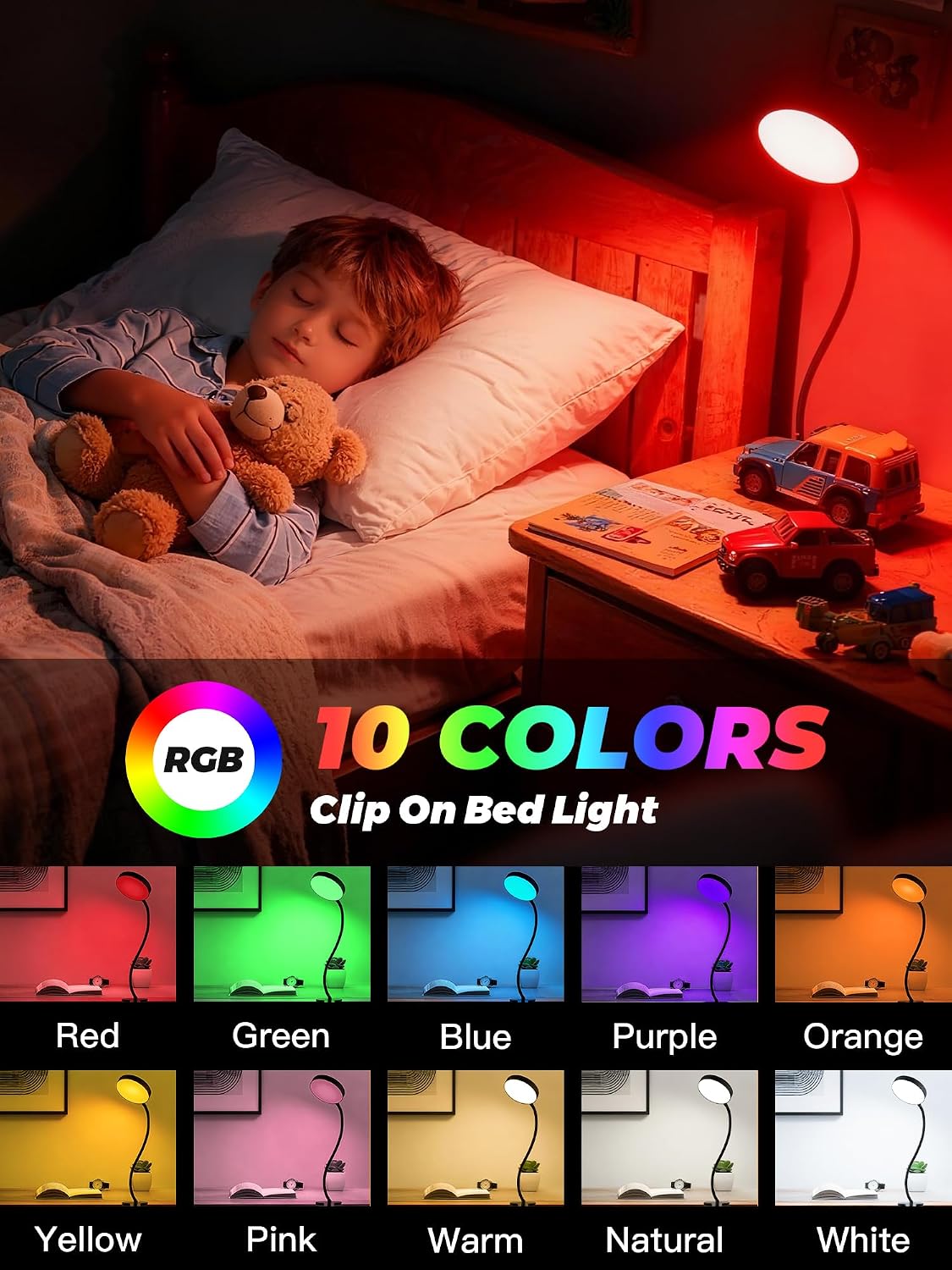 Clip on Light,10 RGB Colors+10 Brightness Small Desk Lamp with Clamp Light | 500 lm Bright 72 LED Desk Light, USB
