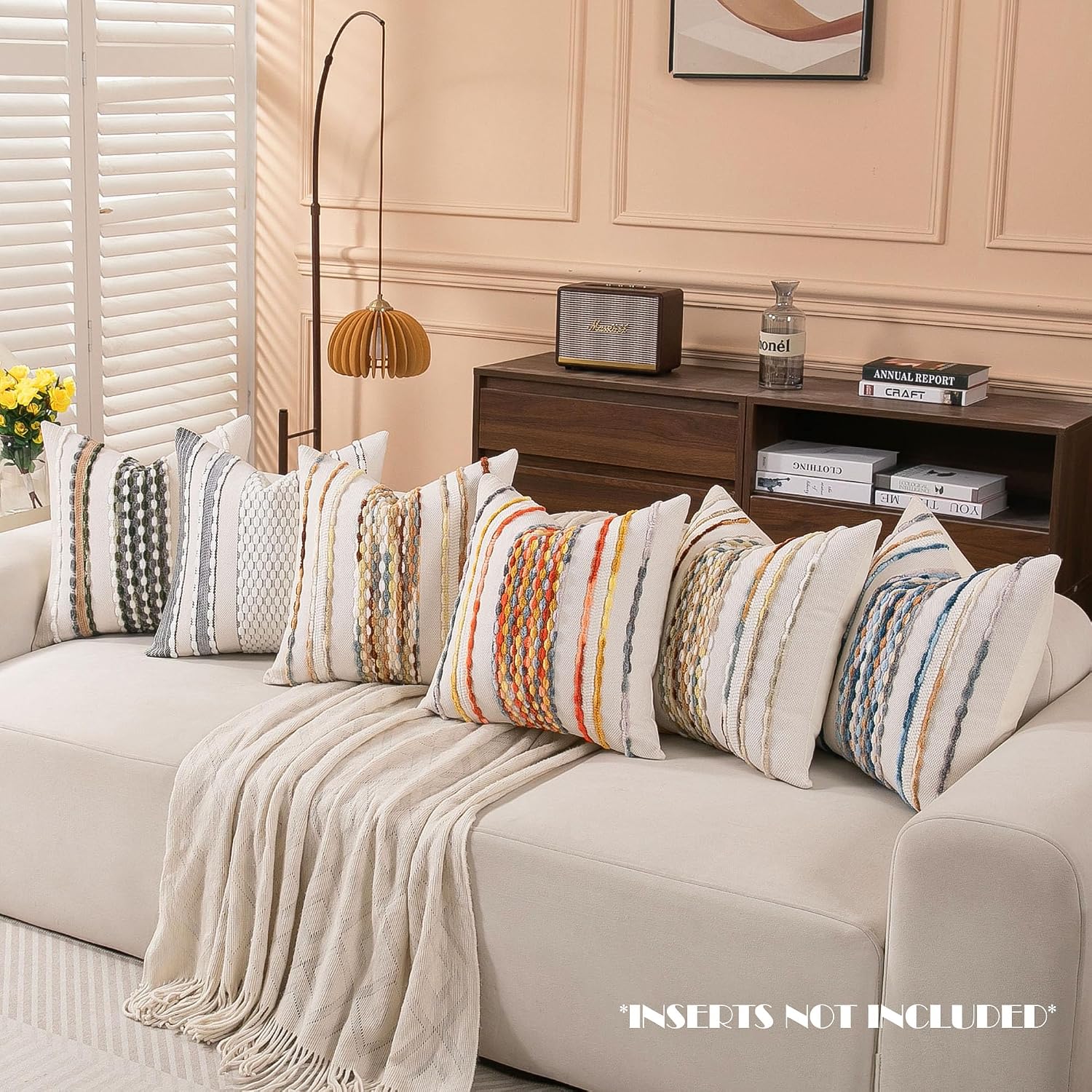 Boho Striped Throw Pillow Covers Farmhouse Square Decorative / Black White / 18 x 18 / Set of 2
