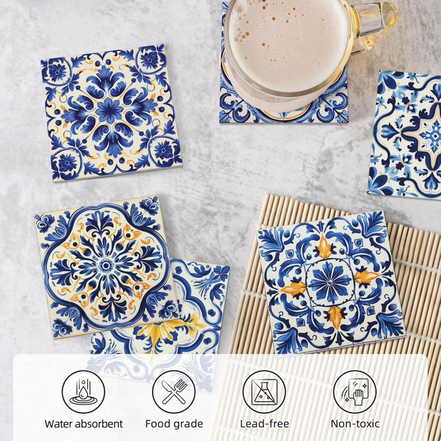 Cork Base and Golden Holder / Azulejo Tile-square-1 / Blue / Set of 6