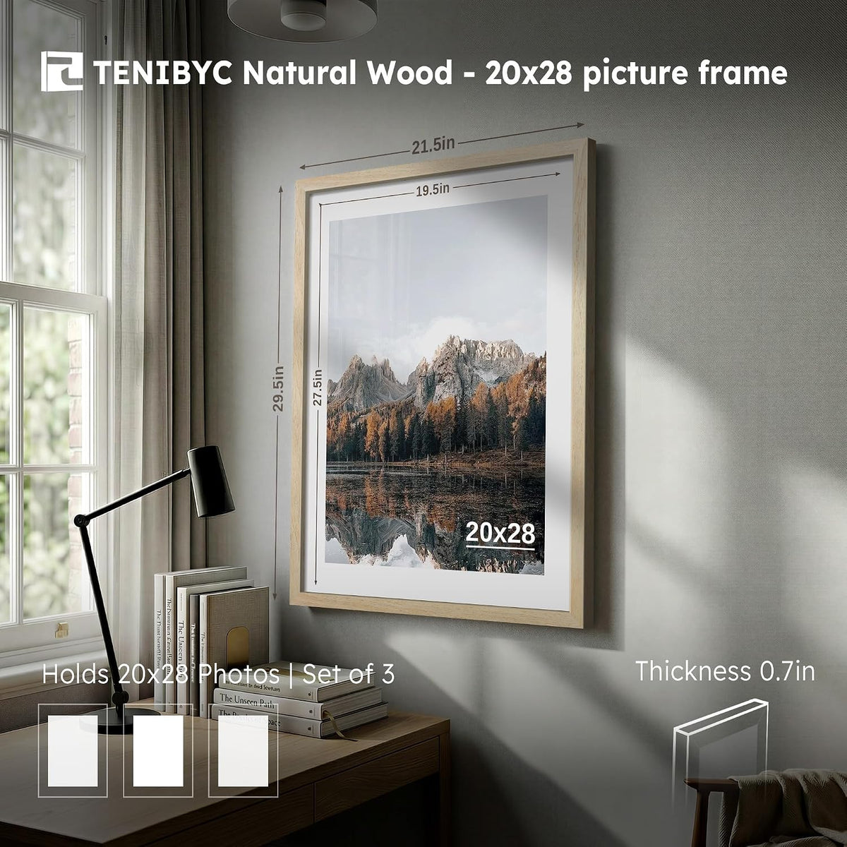 20x28 Picture Frame, Natural Wood, 3 Pack, Wall Hanging for Poster | Thick Polished Plexiglass, Large Poster Frame for
