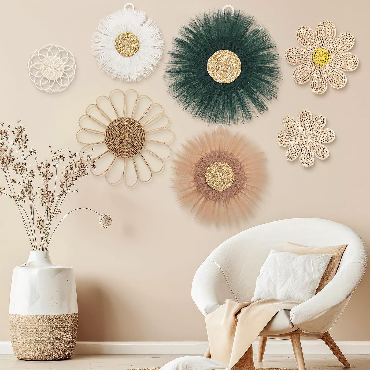 Boho Wall Basket Decor Rattan Flower Wall Decor Nursery Daisy Flower / Emerald Green / Set of 7