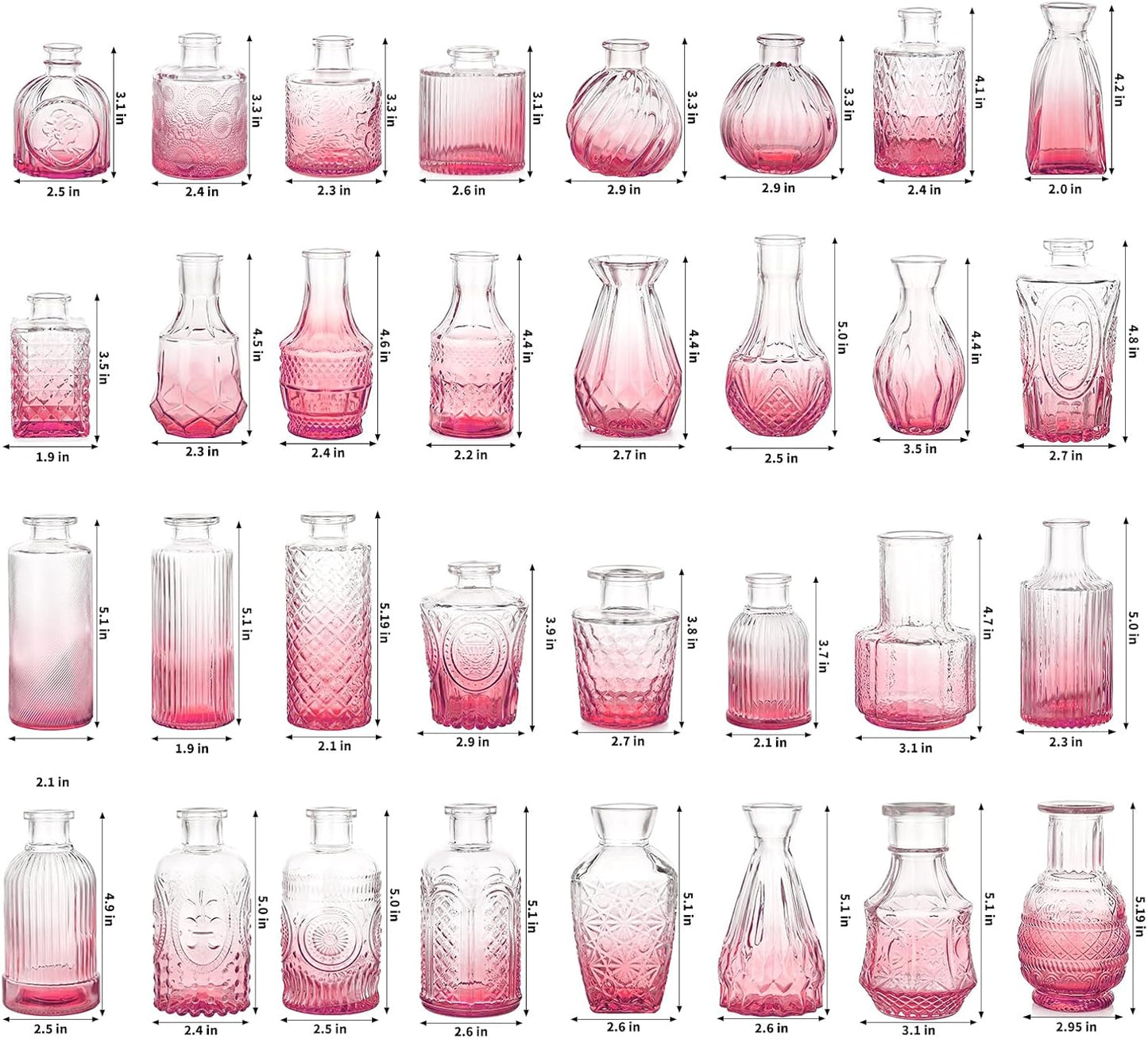 Bud Vases / Small Vases for Flowers / Pink / Set of 32