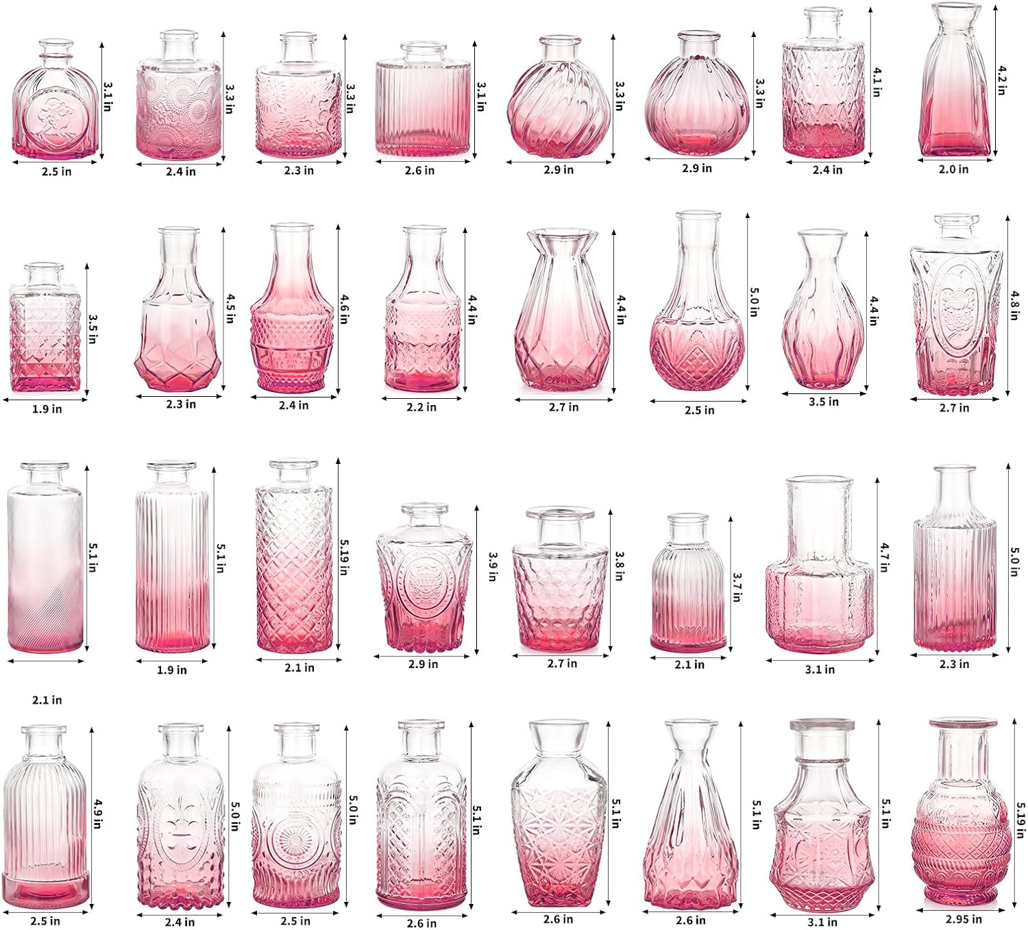 Bud Vases / Small Vases for Flowers / Pink / Set of 32