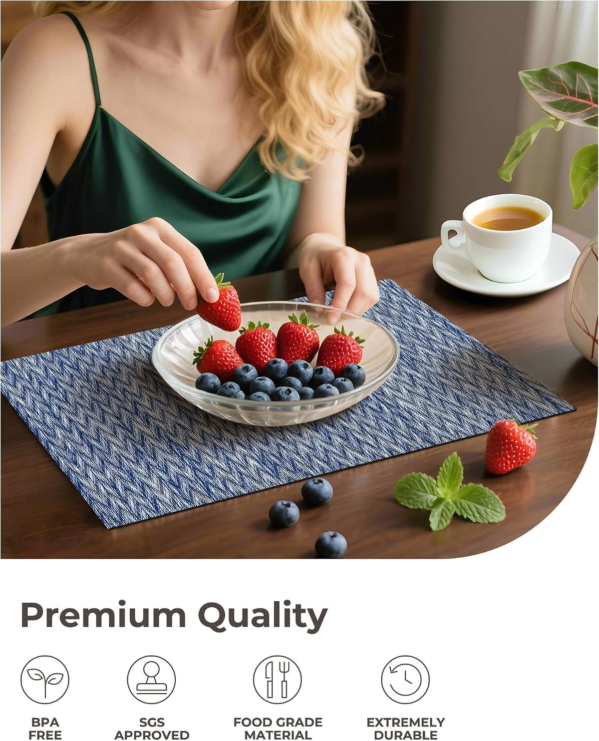 Leetaltree Woven Vinyl Placemats Set of 12,Blue Zigzag | High Density，Stain Resistant, Easy to Clean, Washable Table