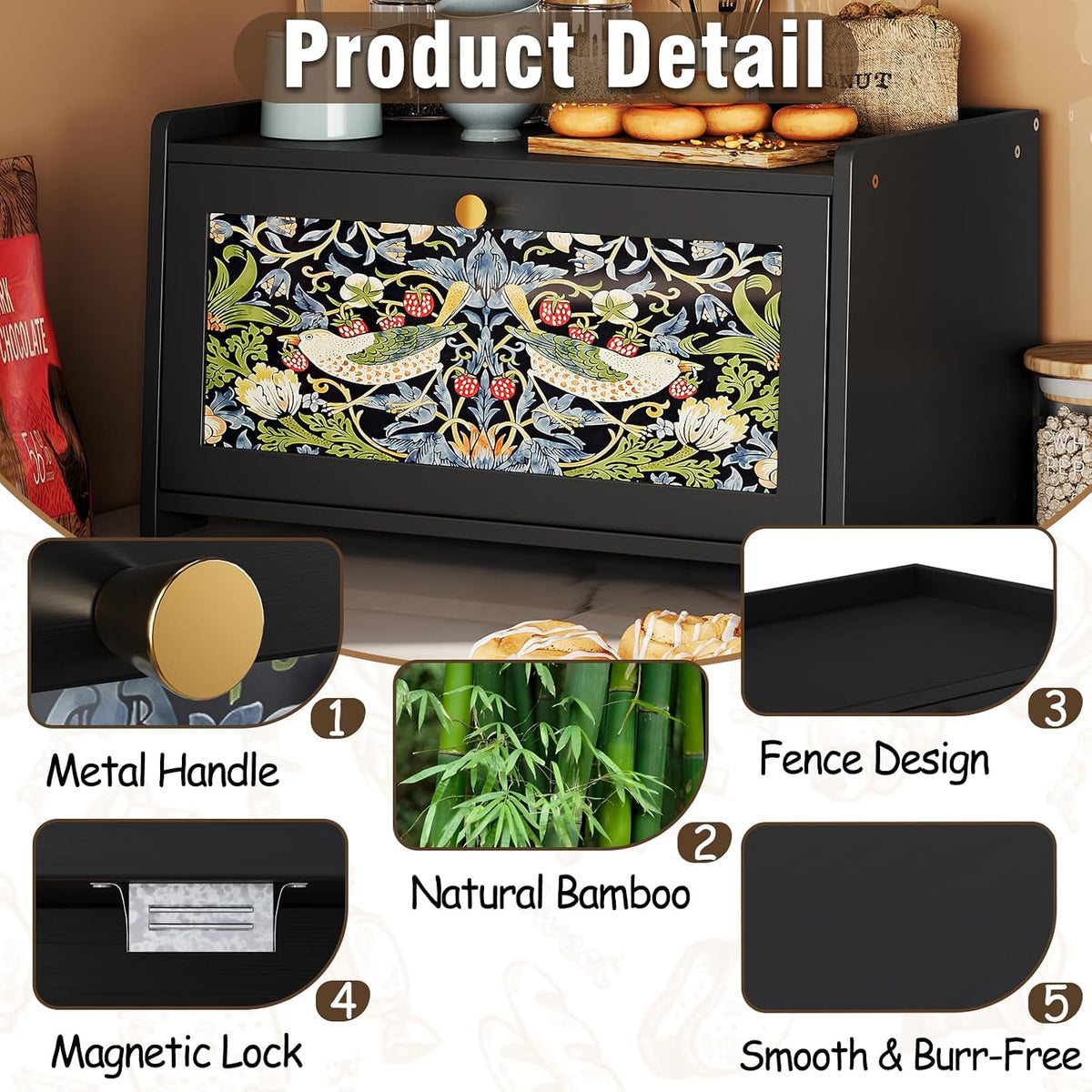 Trironsun Bread Box for Kitchen Counter Black Bread Storage Container with Acrylic Door William Morris Flower Bird