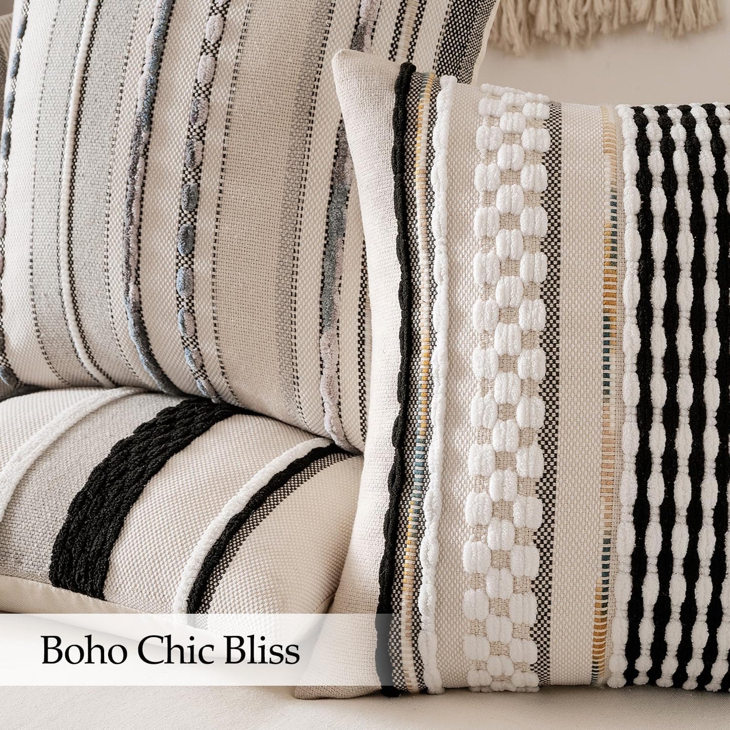 Boho Decorative Throw Pillow Covers Farmhouse Cushion Case / Black-white Stripe / 18 x 18 / Set of 2