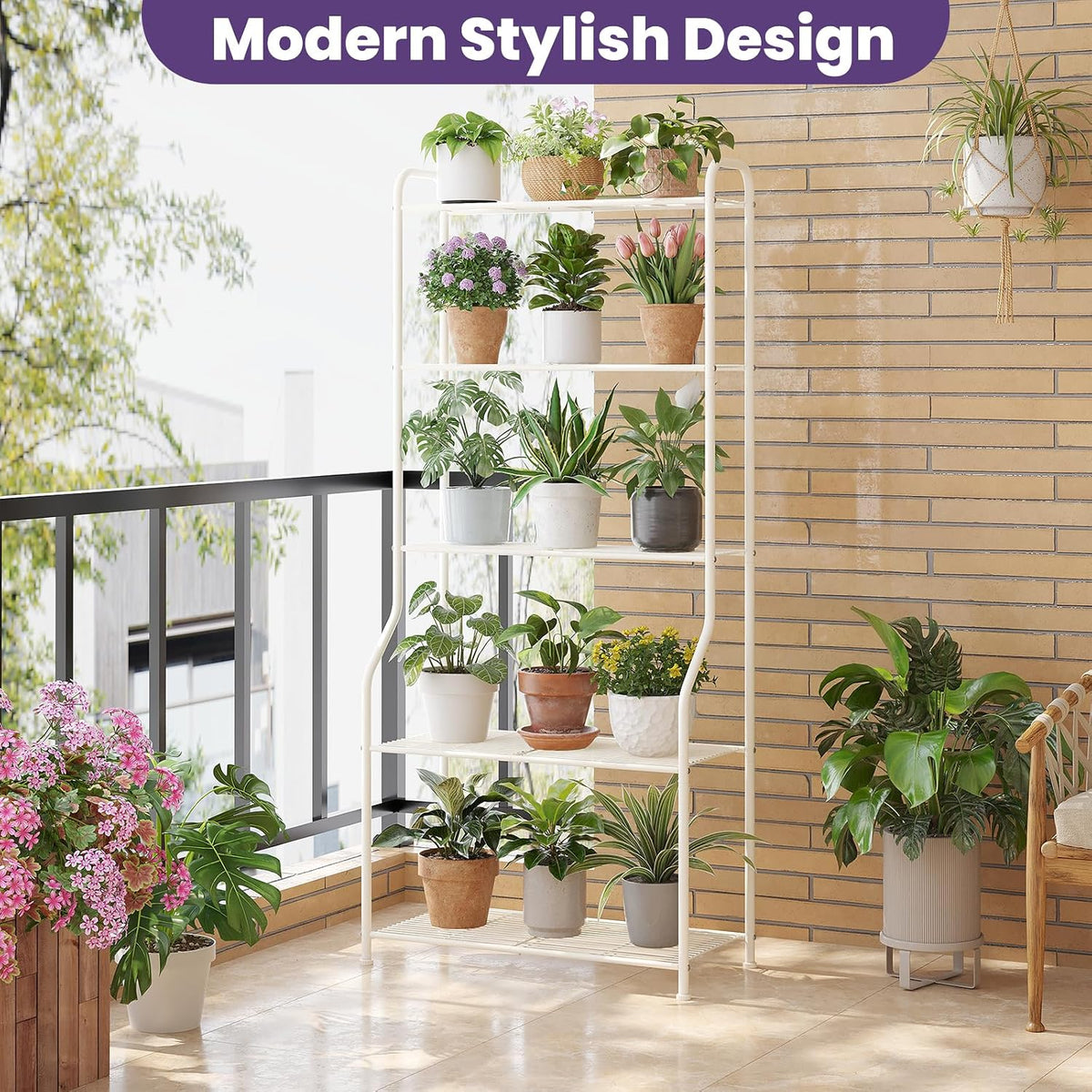 5-Tier Corner Plant Stand, Metal Black Flower Pot Rack, Indoor Outdoor Heavy Duty Shelf (Cream, 5 Tier)