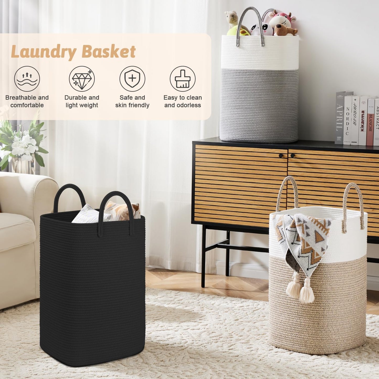 Laundry Basket / Woven Cotton Rope Laundry Hamper / 60L / Darkblack
