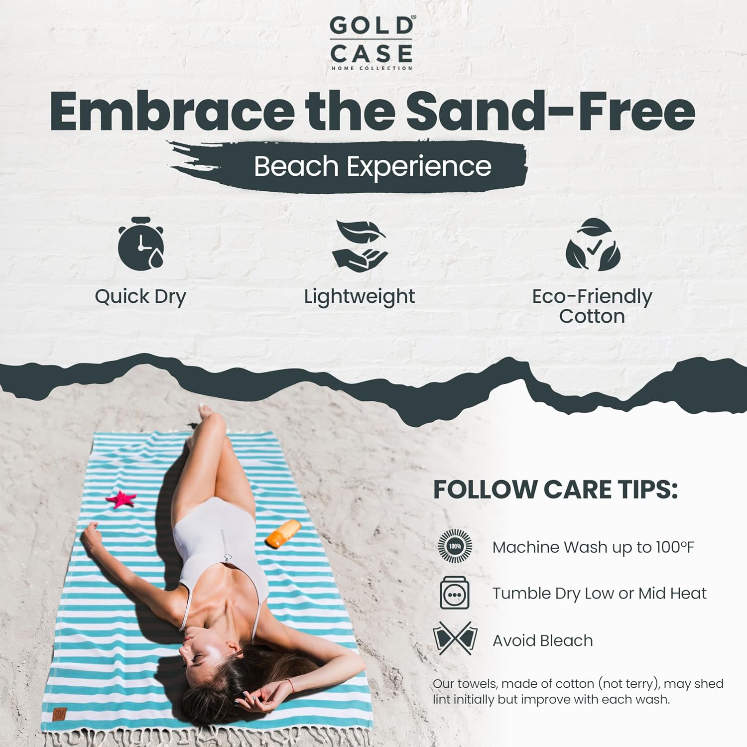 Gold CASE Turkish Beach Towel Set of 5 – 100% Cotton Beach Towels Oversized 70x38'' – MYRA Quick Dry Swim Towel –