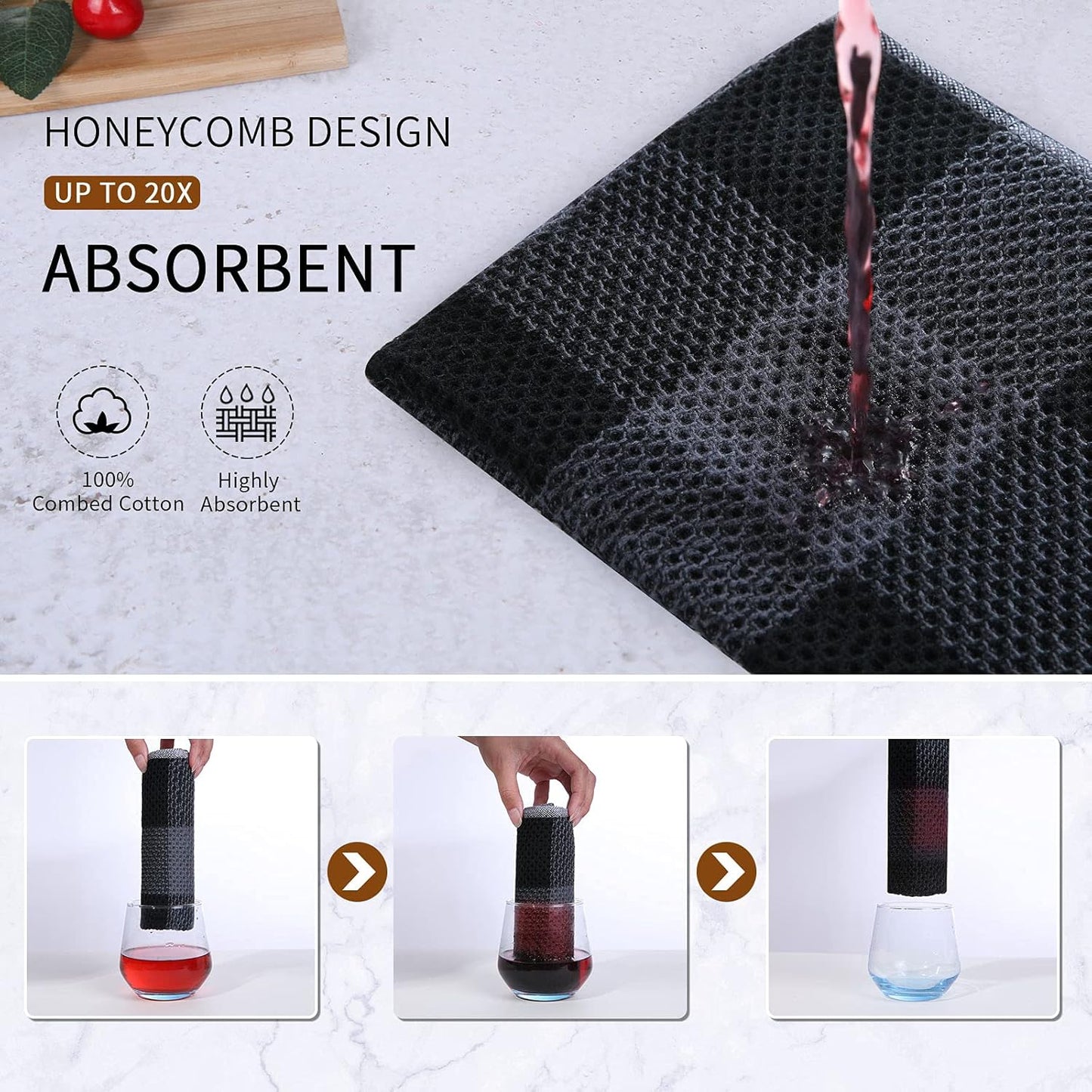Mordimy Cotton Waffle Weave Kitchen Towels, 13"x 28", 8 Pack, Black & Grey | Super Soft and Absorbent Buffalo Check