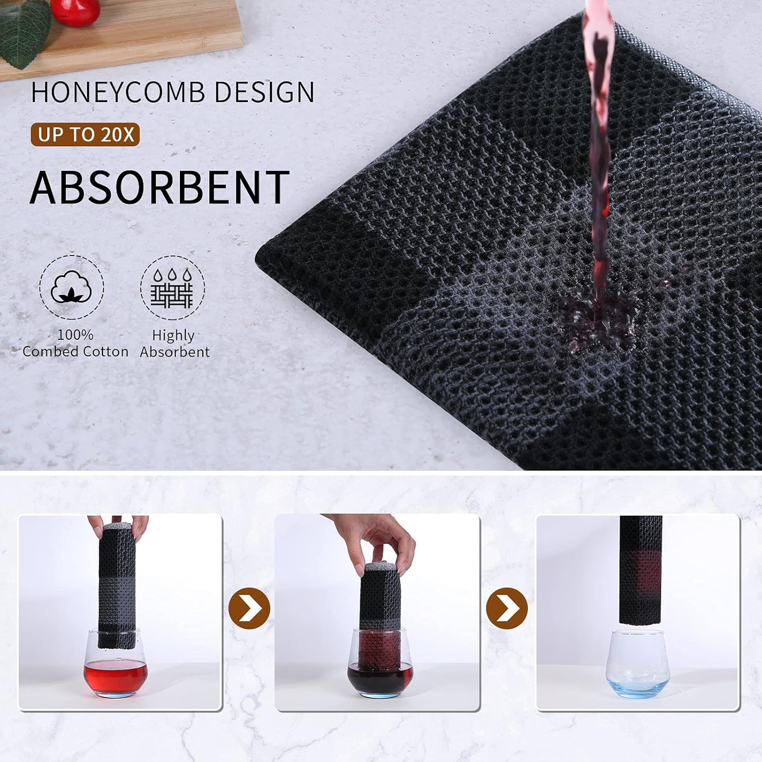 Mordimy Cotton Waffle Weave Kitchen Towels, 13"x 28", 8 Pack, Black & Grey | Super Soft and Absorbent Buffalo Check