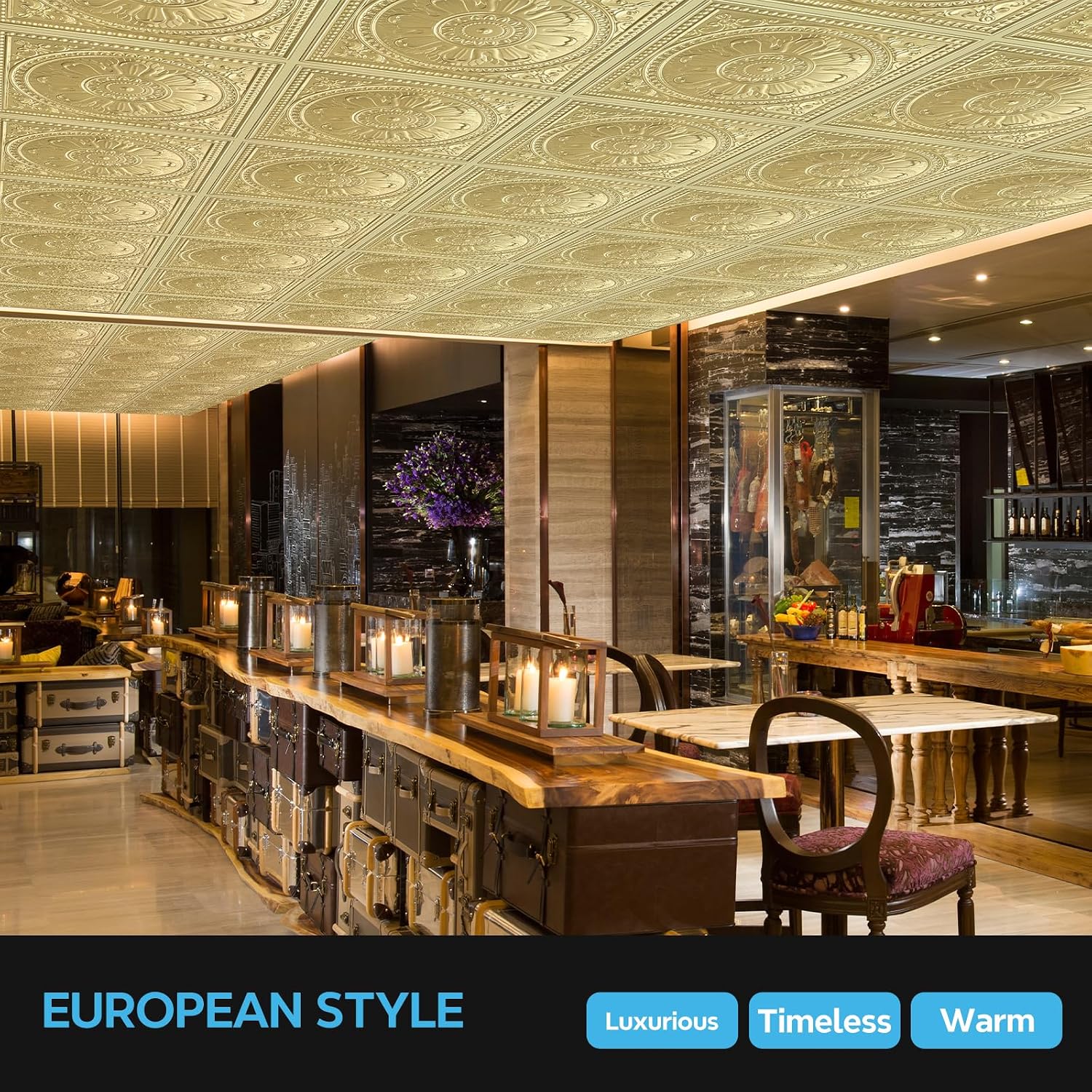 STICKGOO Drop Ceiling Tiles 24"x24", PVC Panels Waterproof Reusable, Covers 48 Sq.Ft., Baroque Decorative Ceiling Tiles