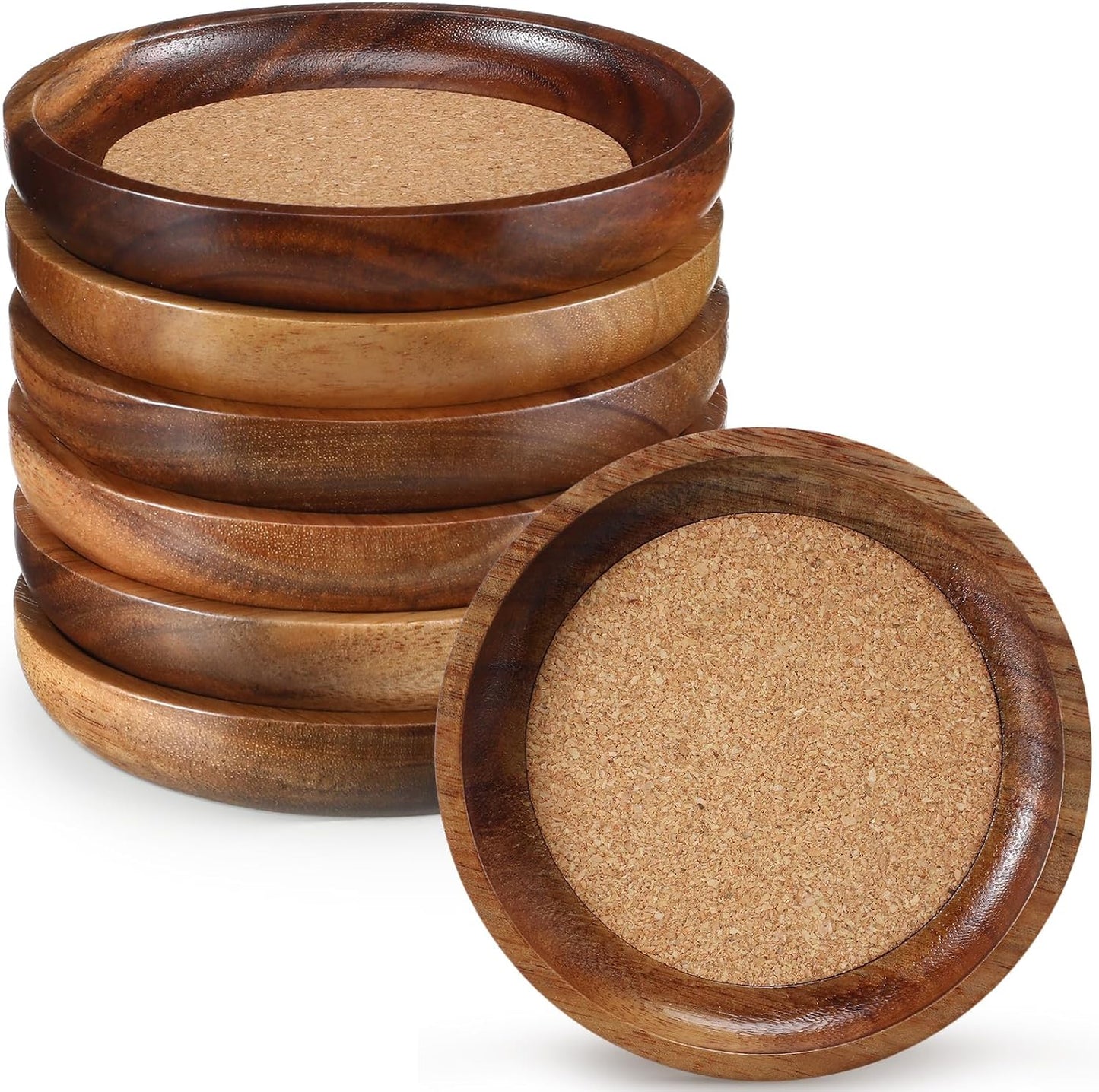 Acacia Wood Cork Coasters for Drinks Stackable Wooden Coasters Absorbent / 4 Inch / Set of 6